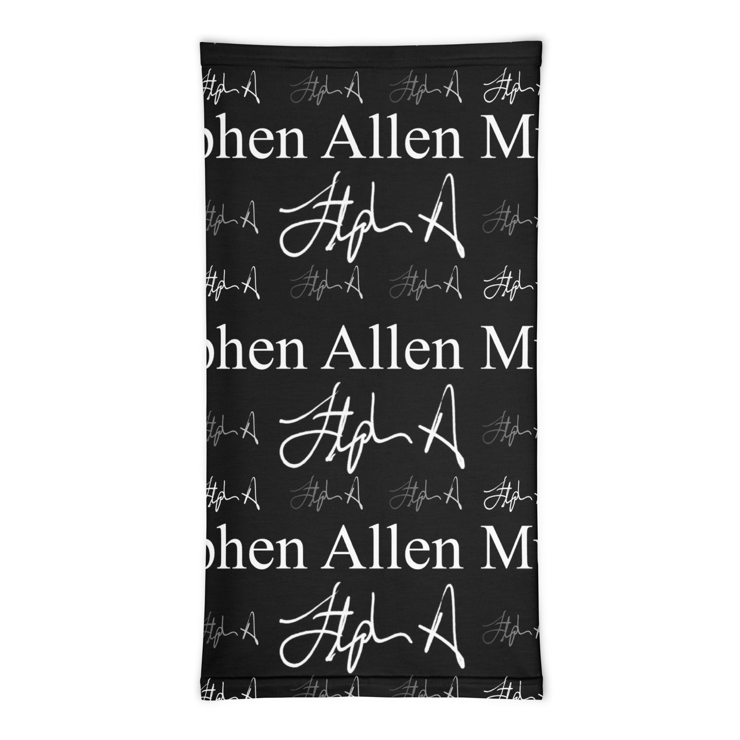 A rectangular black towel or mat featuring a repeating white pattern of 'Stephen Allen Music' text and stylized signatures, shown flat against a white background.