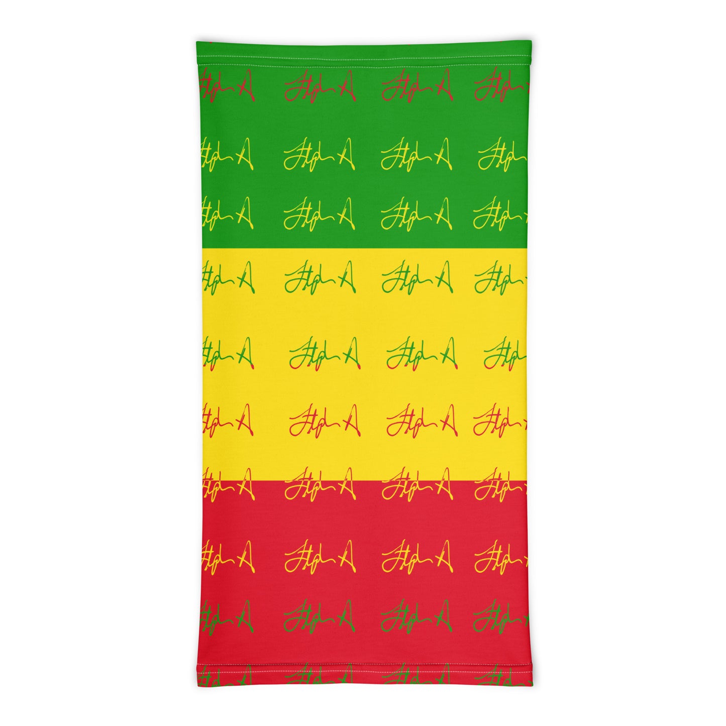 A rectangular flag or banner with a horizontal tricolor pattern of green, yellow, and red, featuring a repeating pattern of stylized red and yellow signatures. Stephen Allen Music