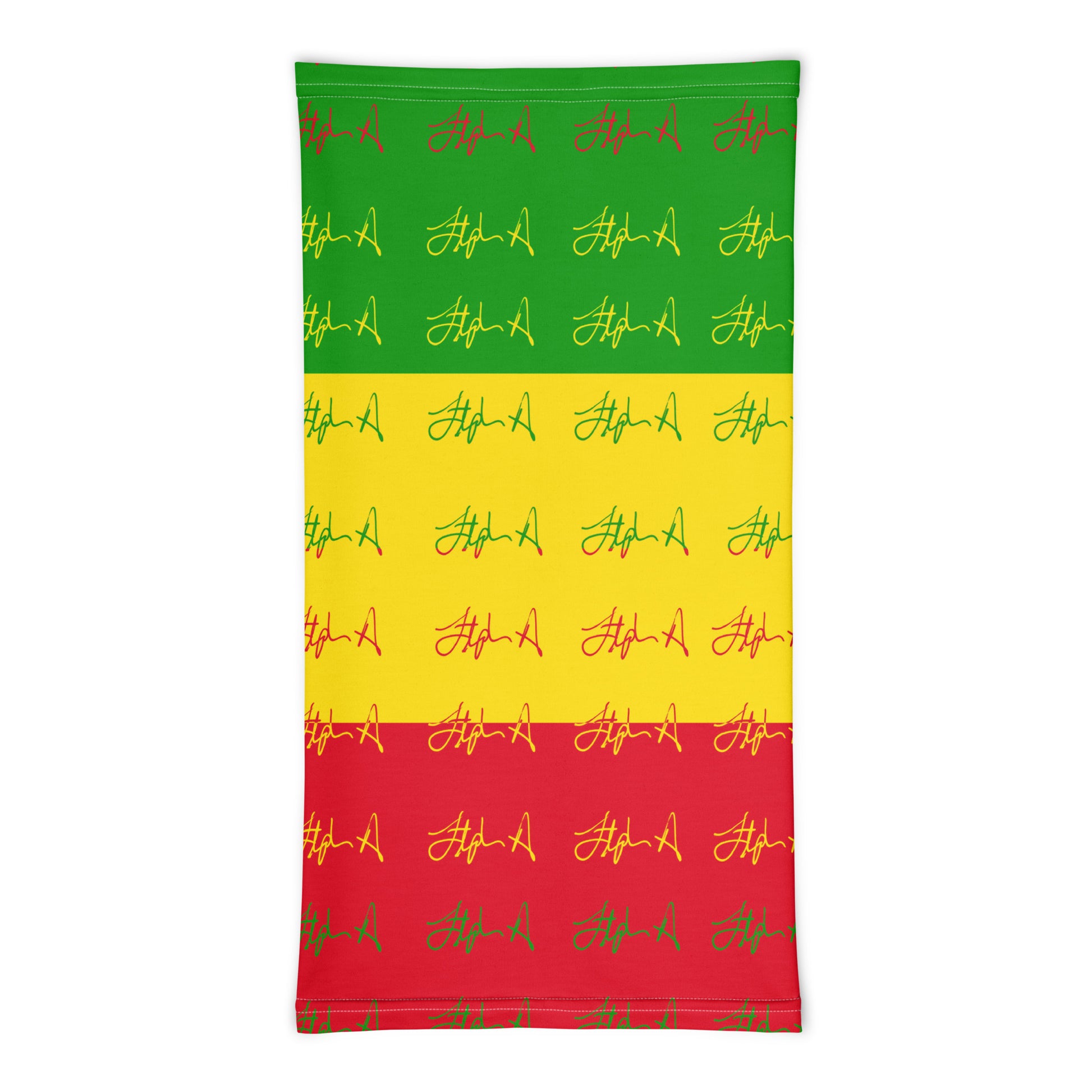 A rectangular flag or banner with a horizontal tricolor pattern of green, yellow, and red, featuring a repeating pattern of stylized red and yellow signatures. Stephen Allen Music