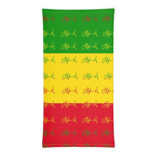 A rectangular flag or banner with a horizontal tricolor pattern of green, yellow, and red, featuring a repeating pattern of stylized red and yellow signatures. Stephen Allen Music