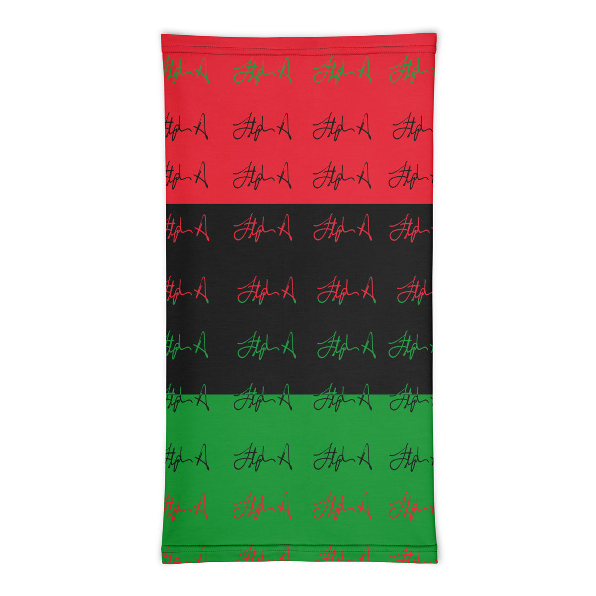 A rectangular fabric item, likely a blanket or towel, featuring a horizontal striped pattern of red, black, and green, with a repeating script logo pattern in green and red. Stephen Allen Music