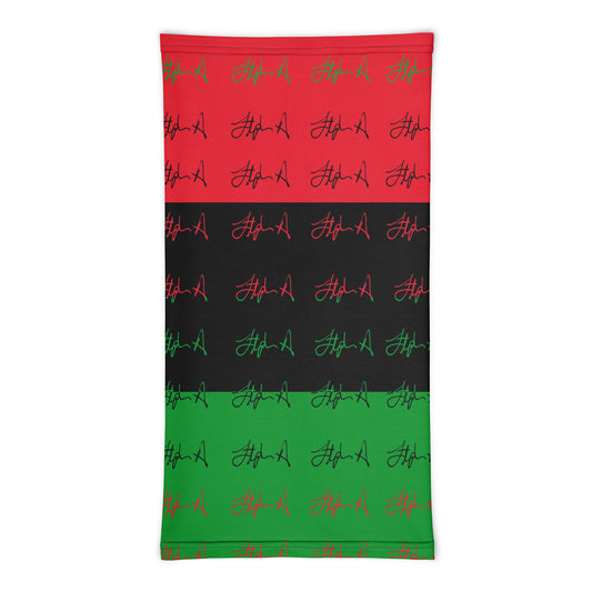 A rectangular fabric item, likely a blanket or towel, featuring a horizontal striped pattern of red, black, and green, with a repeating script logo pattern in green and red. Stephen Allen Music