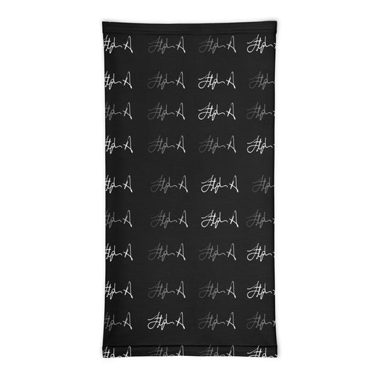 A rectangular black fabric item, likely a blanket or towel, featuring a repeating pattern of stylized white script text that reads 'Stephen Allen Music' or similar, shown flat against a solid white background.