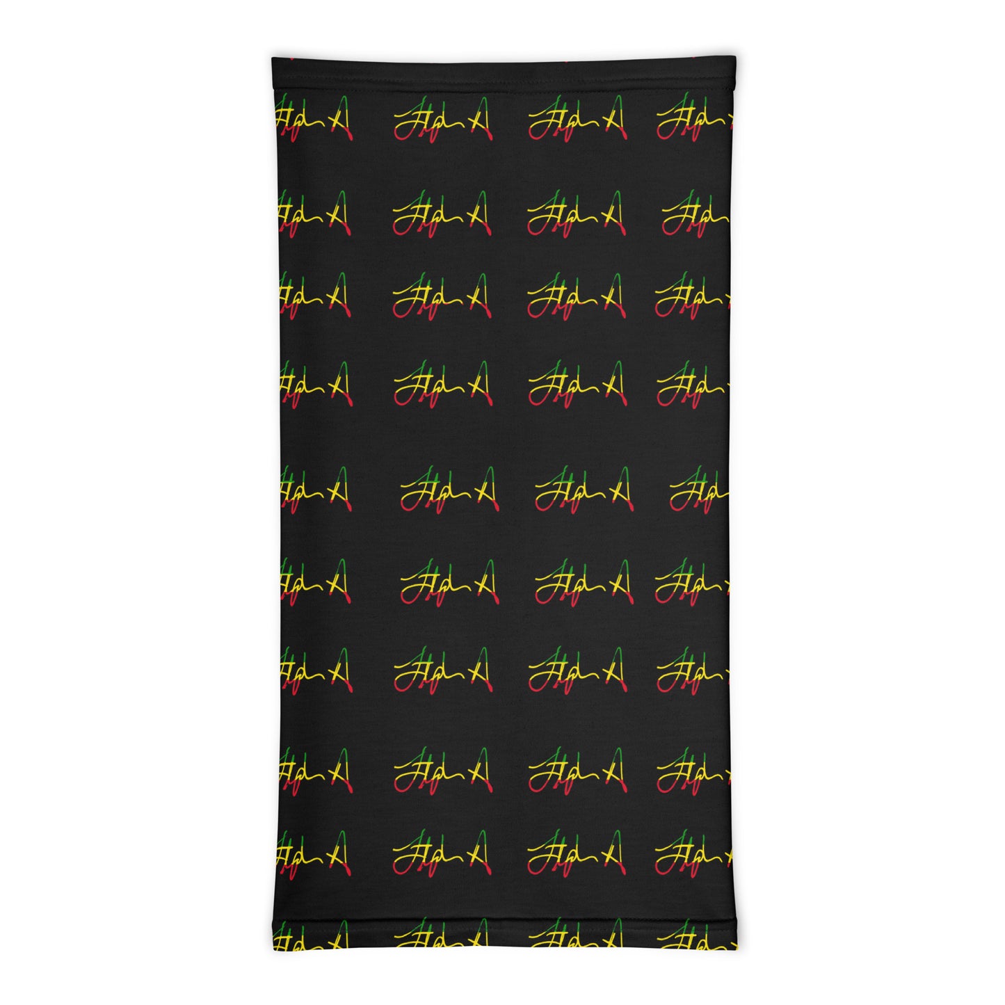 A rectangular black fabric item, likely a towel or blanket, featuring a repeating pattern of the word 'Stephen Allen Music' written in yellow script with red and green accents, displayed against a solid white background.
