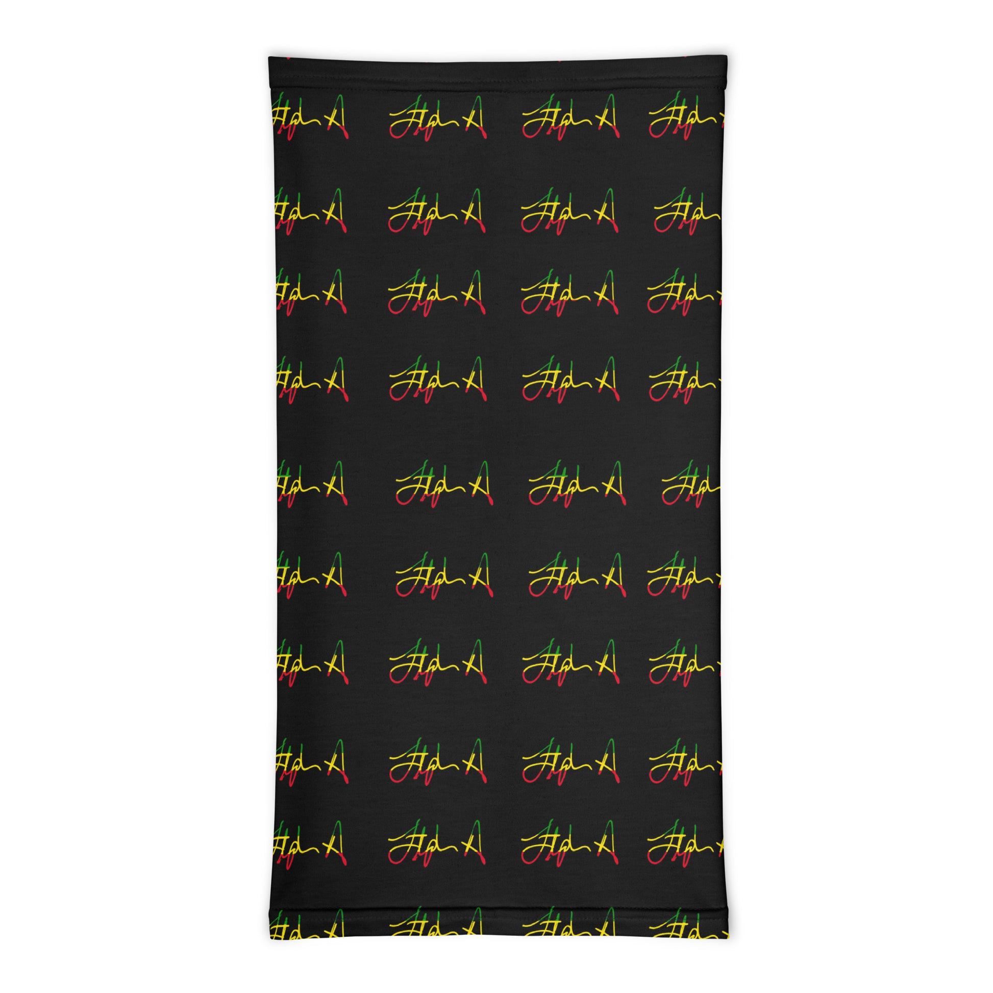 A rectangular black fabric item, likely a towel or blanket, featuring a repeating pattern of the word 'Stephen Allen Music' written in yellow script with red and green accents, displayed against a solid white background.