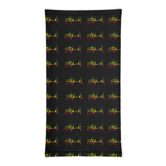 A rectangular black fabric item, likely a towel or blanket, featuring a repeating pattern of the word 'Stephen Allen Music' written in yellow script with red and green accents, displayed against a solid white background.