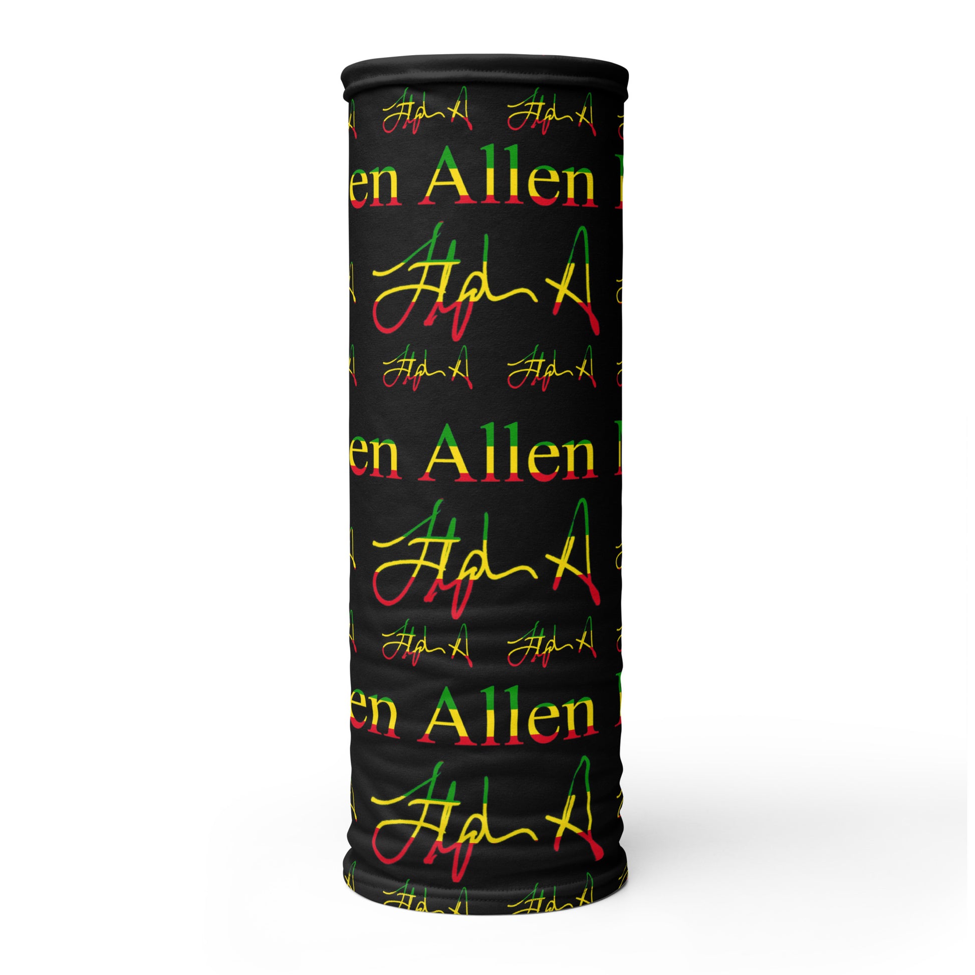 A rectangular black towel or blanket featuring a repeating pattern of 'Stephen Allen Music' in green, yellow, and red, with stylized script signatures in red and green.