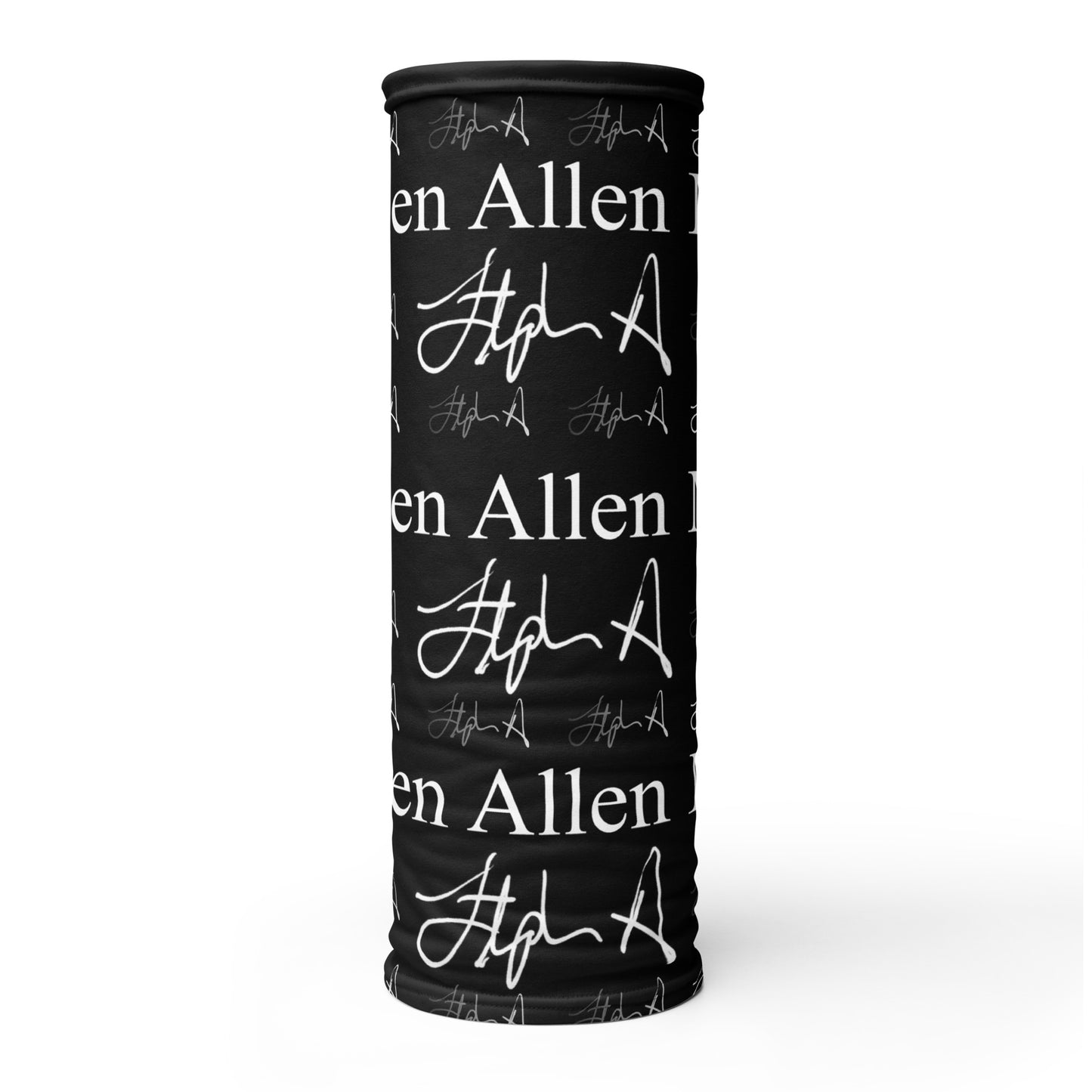 A rectangular black towel or mat featuring a repeating white pattern of 'Stephen Allen Music' text and stylized signatures, shown flat against a white background.