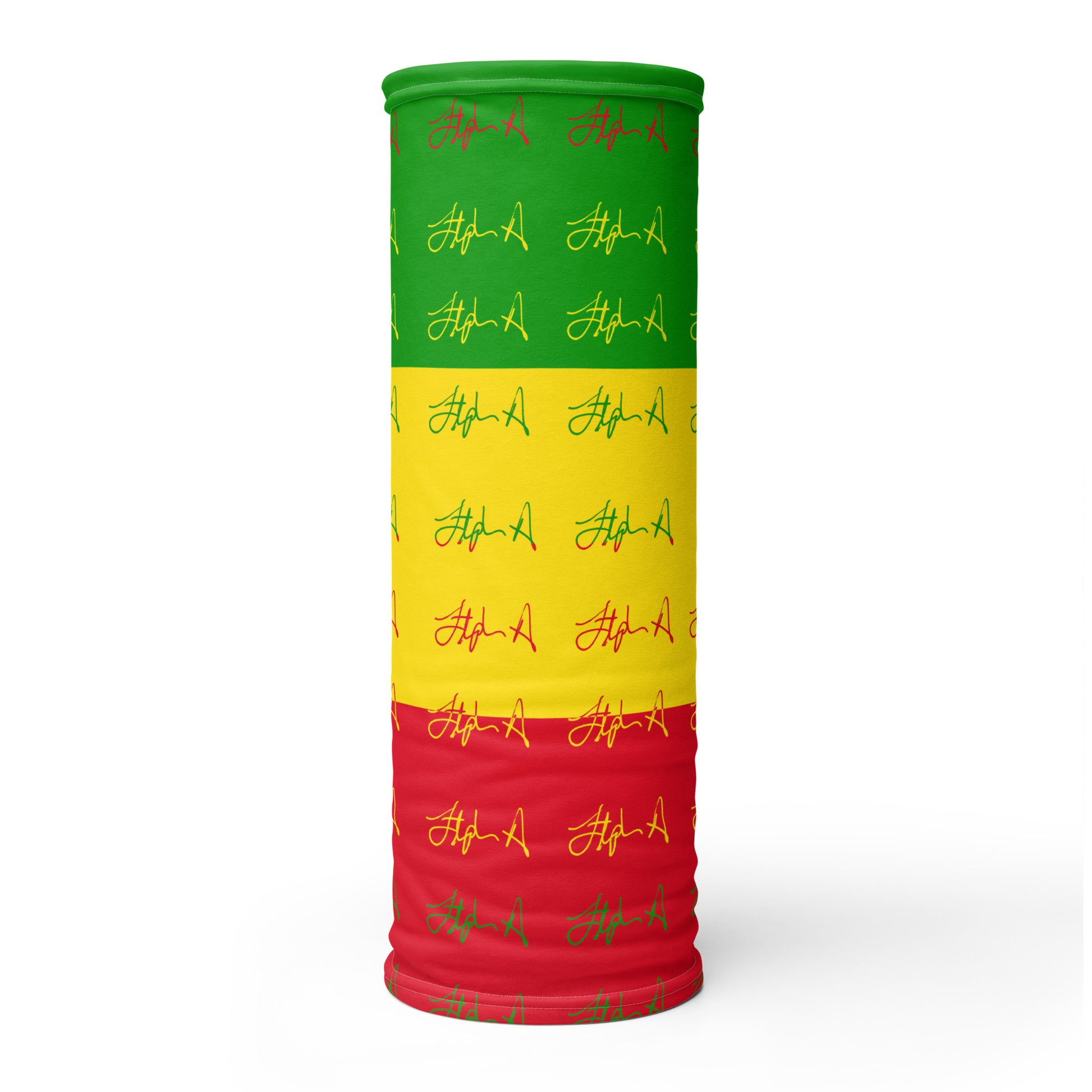 A rectangular flag or banner with a horizontal tricolor pattern of green, yellow, and red, featuring a repeating pattern of stylized red and yellow signatures. Stephen Allen Music