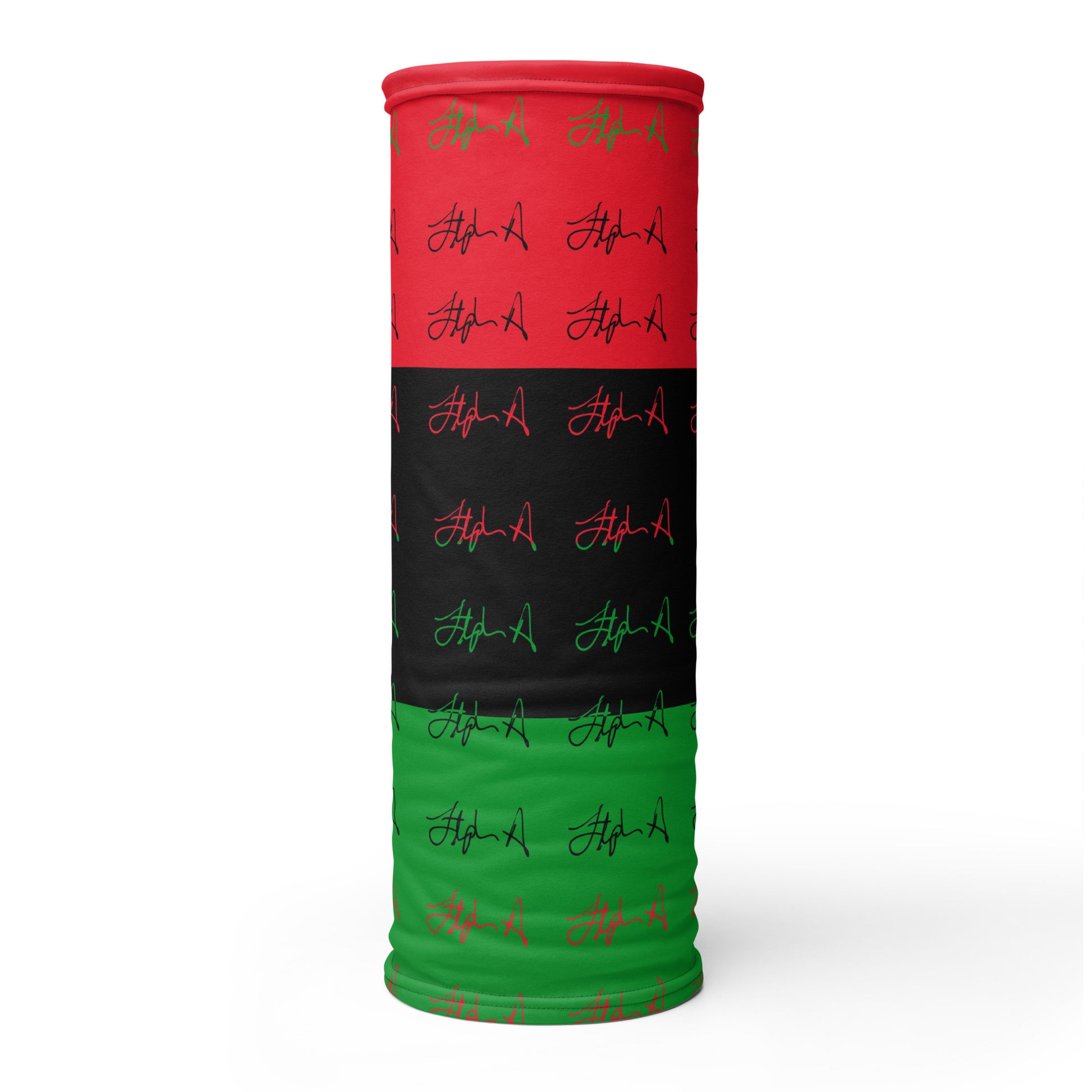 A rectangular fabric item, likely a blanket or towel, featuring a horizontal striped pattern of red, black, and green, with a repeating script logo pattern in green and red. Stephen Allen Music