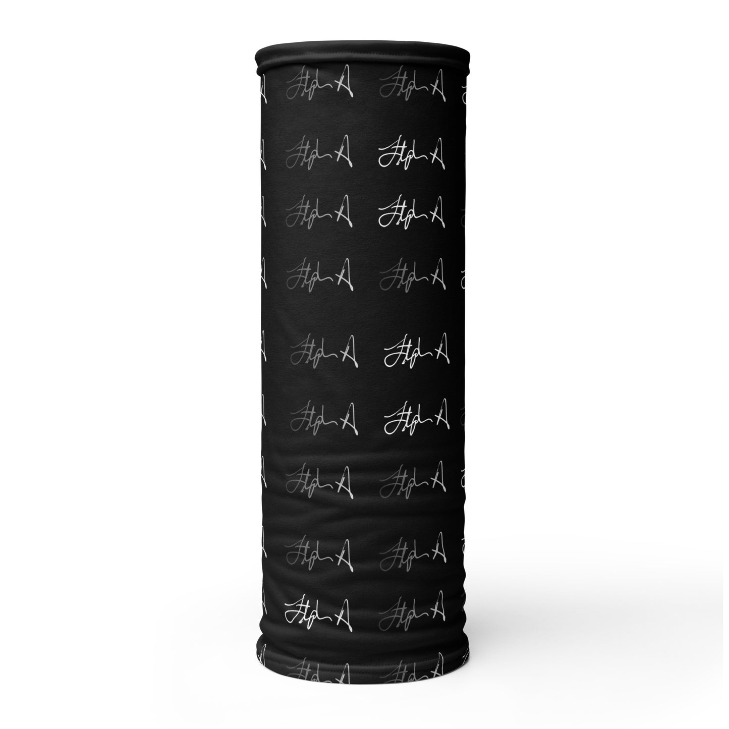 A rectangular black fabric item, likely a blanket or towel, featuring a repeating pattern of stylized white script text that reads 'Stephen Allen Music' or similar, shown flat against a solid white background.