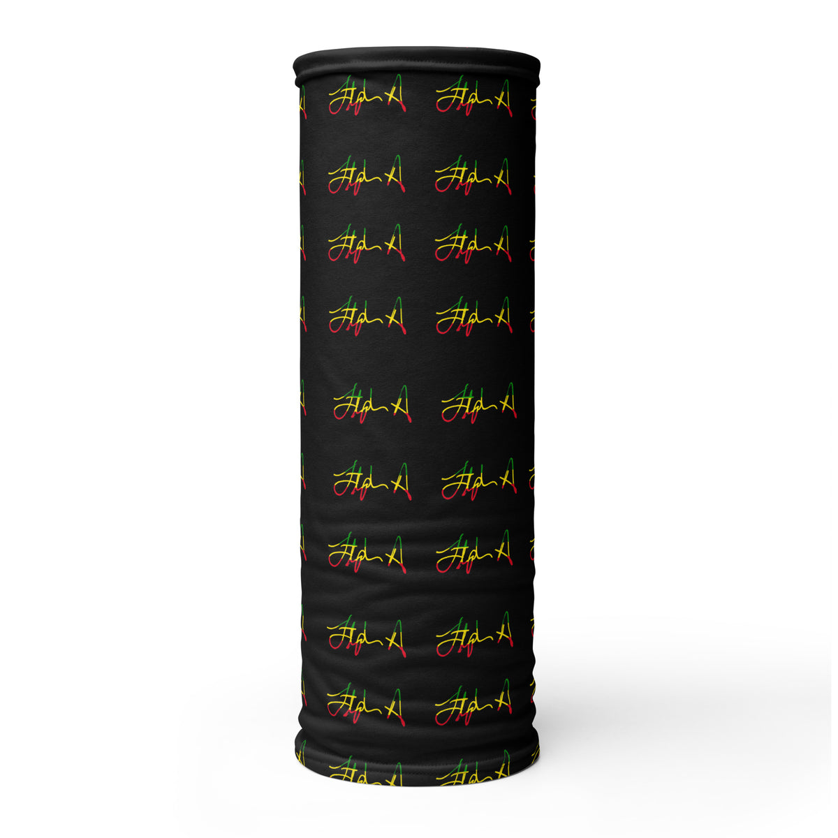 A rectangular black fabric item, likely a towel or blanket, featuring a repeating pattern of the word 'Stephen Allen Music' written in yellow script with red and green accents, displayed against a solid white background.