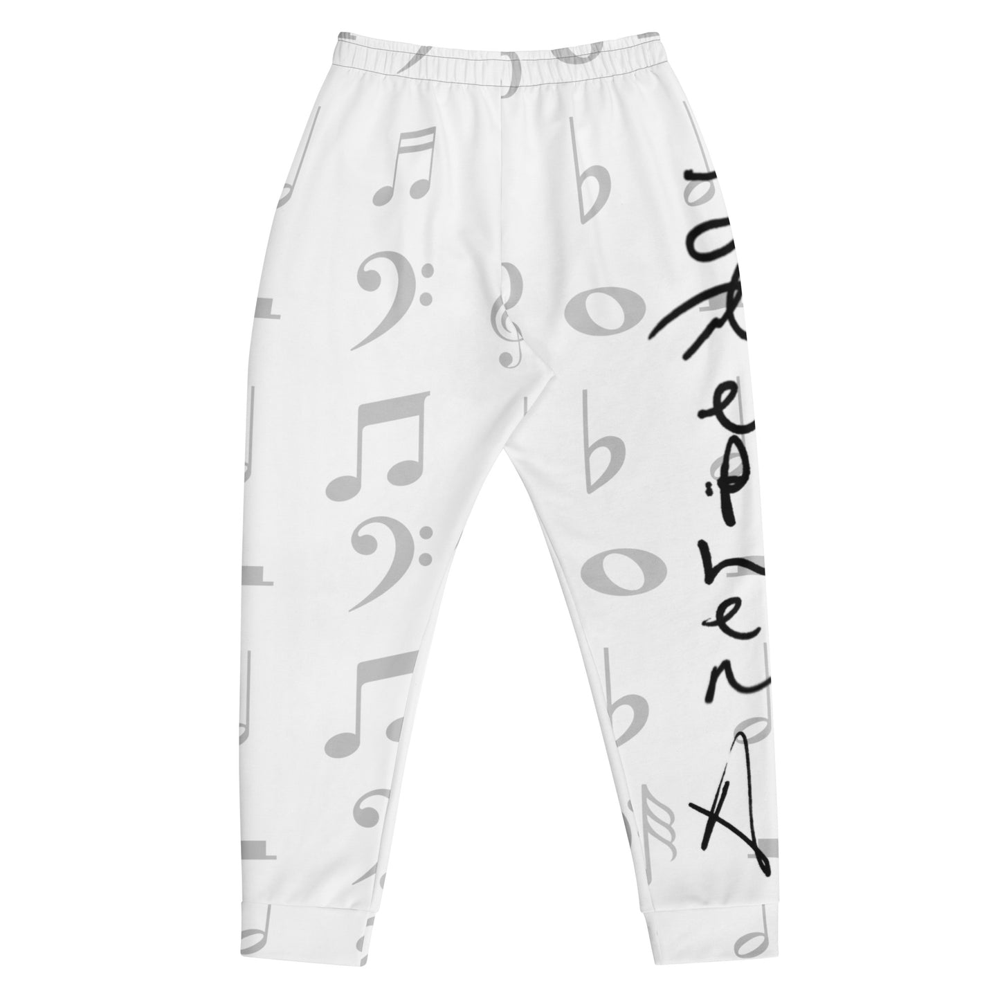 White pants with black musical note and symbol print on a white background Stephen Allen Music
