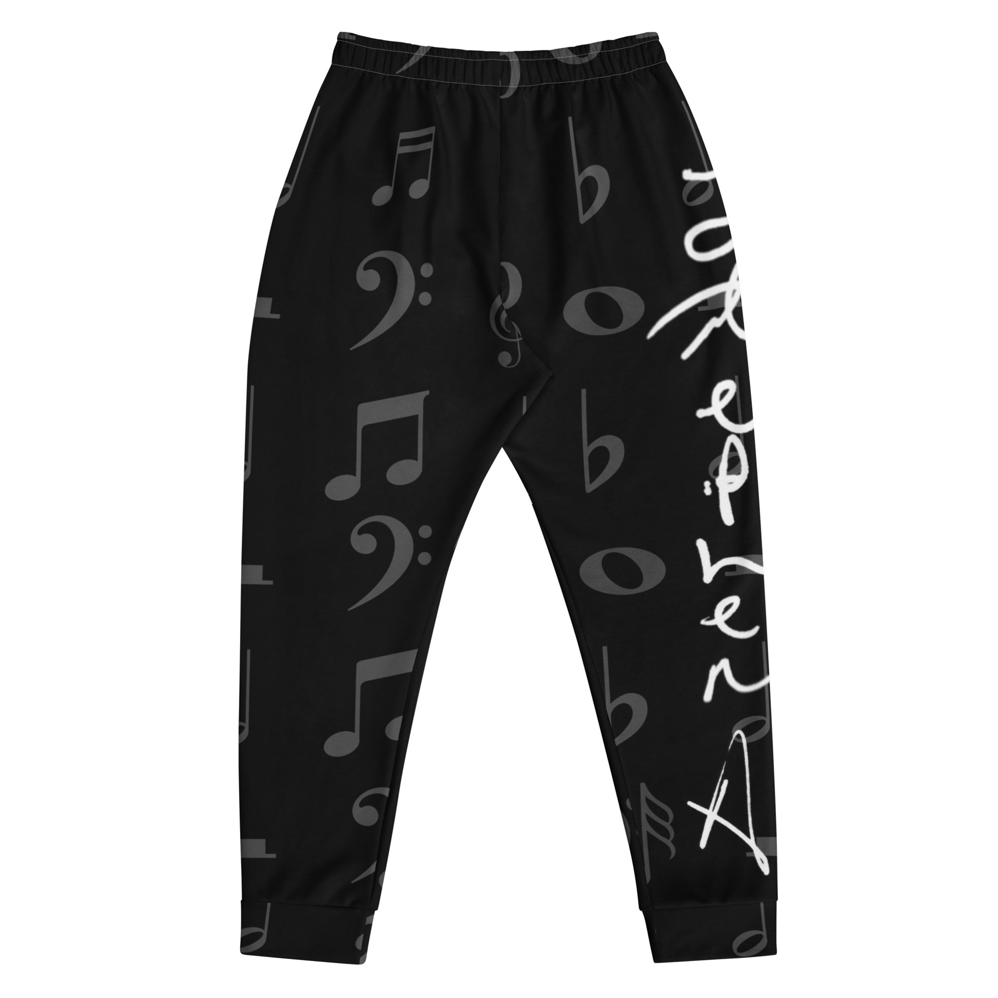 Black pants with musical note and letter pattern on a white background Stephen Allen Music