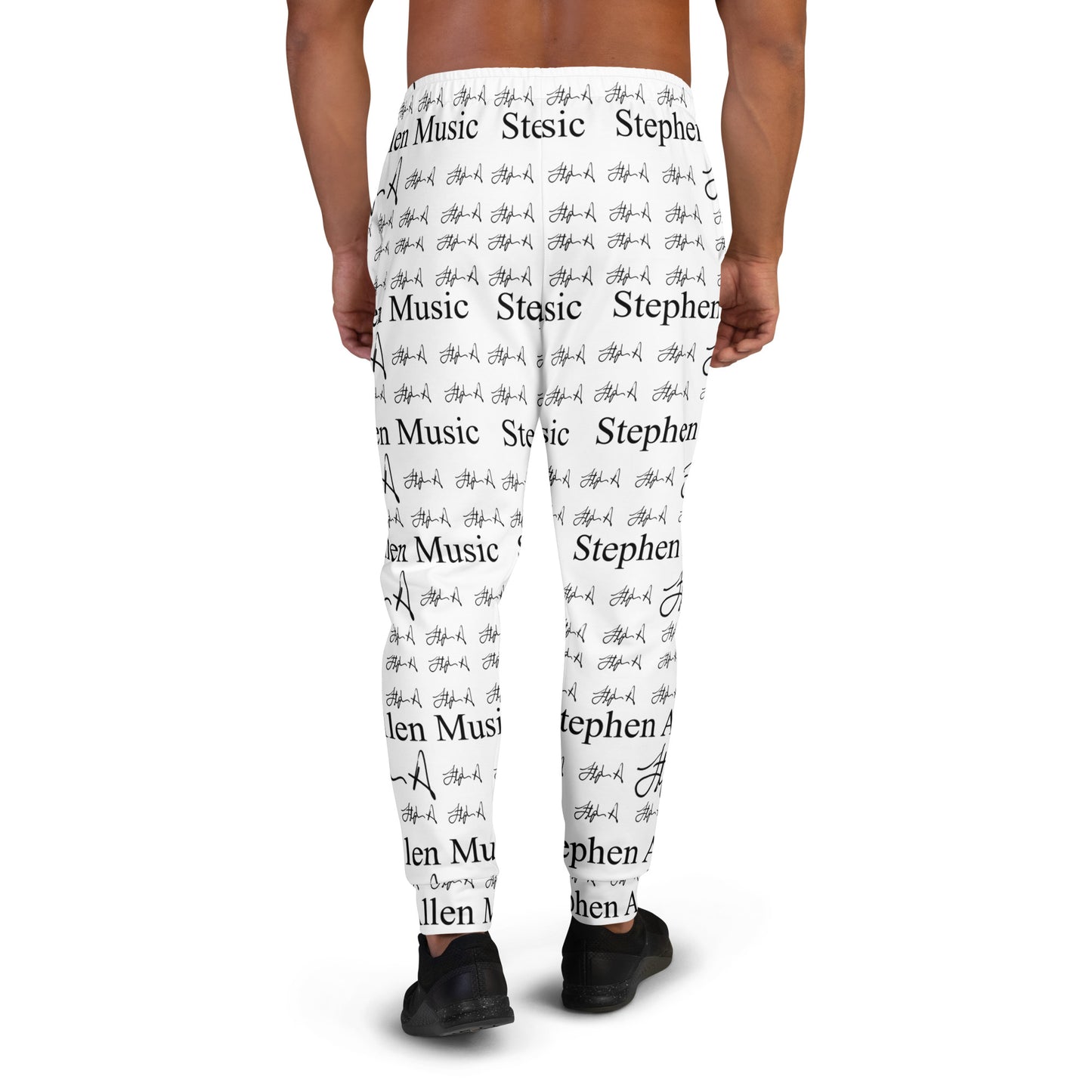 White athletic leggings with a black repeating pattern of 'Stephen Allen Music' text and script, modeled on a person against a white background.