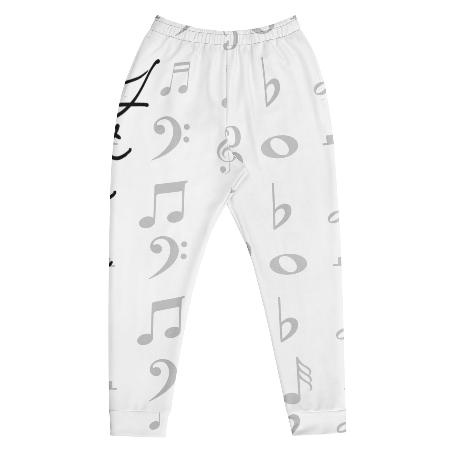 White pants with music note pattern on a white background Stephen Allen Music