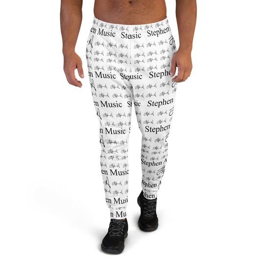 White athletic leggings with a black repeating pattern of 'Stephen Allen Music' text and script, modeled on a person against a white background.