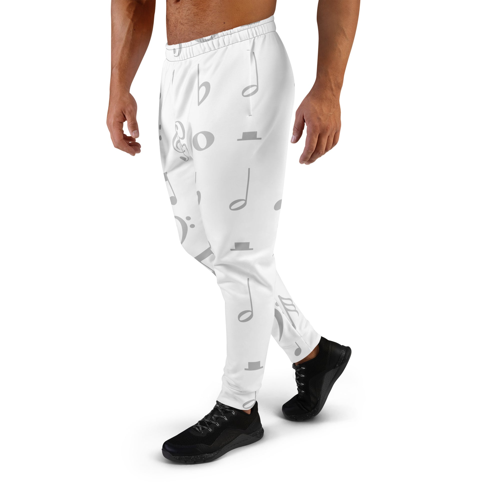 White jogger pants with music note pattern worn by a person on a white background Stephen Allen Music