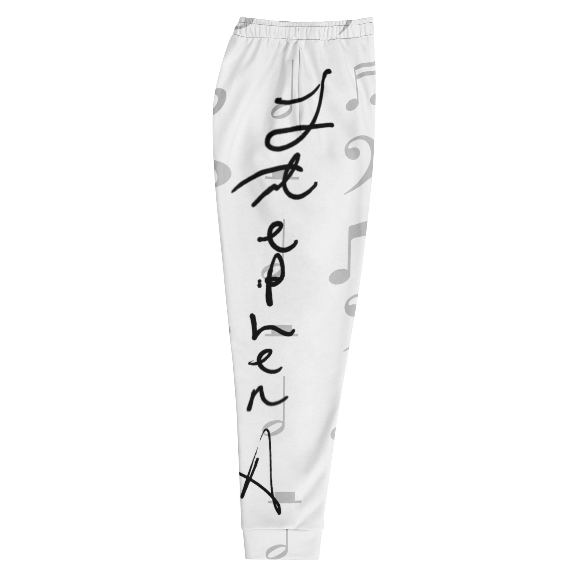 White sweatpants with black text and music notes on a white background Stephen Allen Music