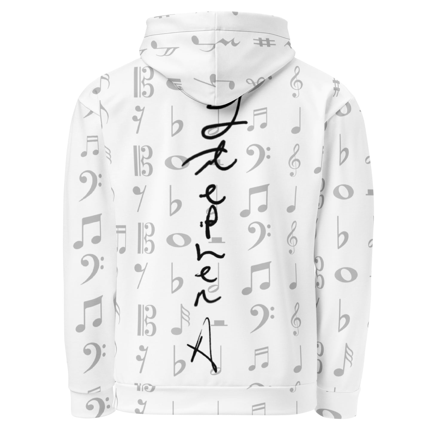 White hoodie with musical note patterns and text on a white background Stephen Allen Music