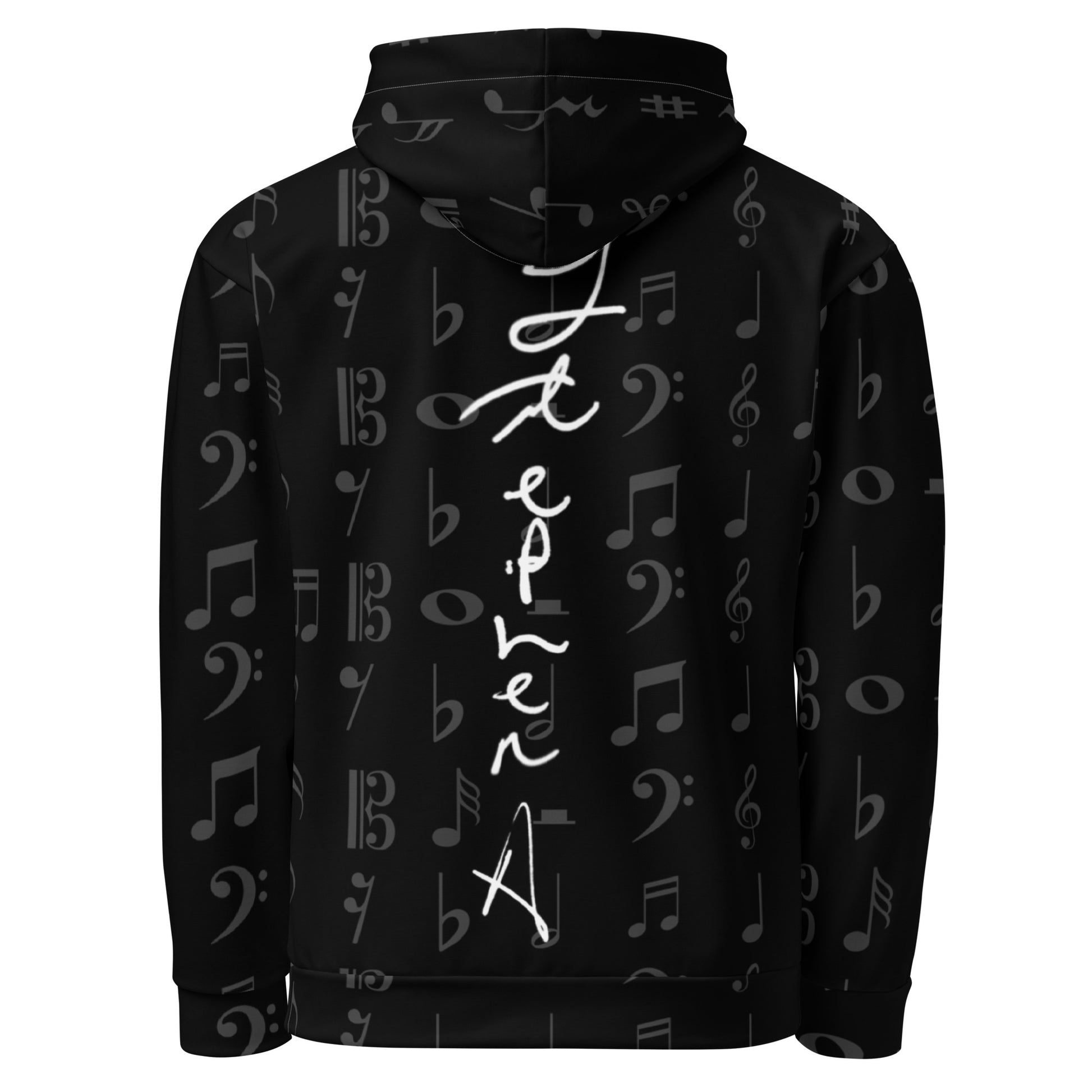 Black hoodie with music note pattern and white text on a white background Stephen Allen Music