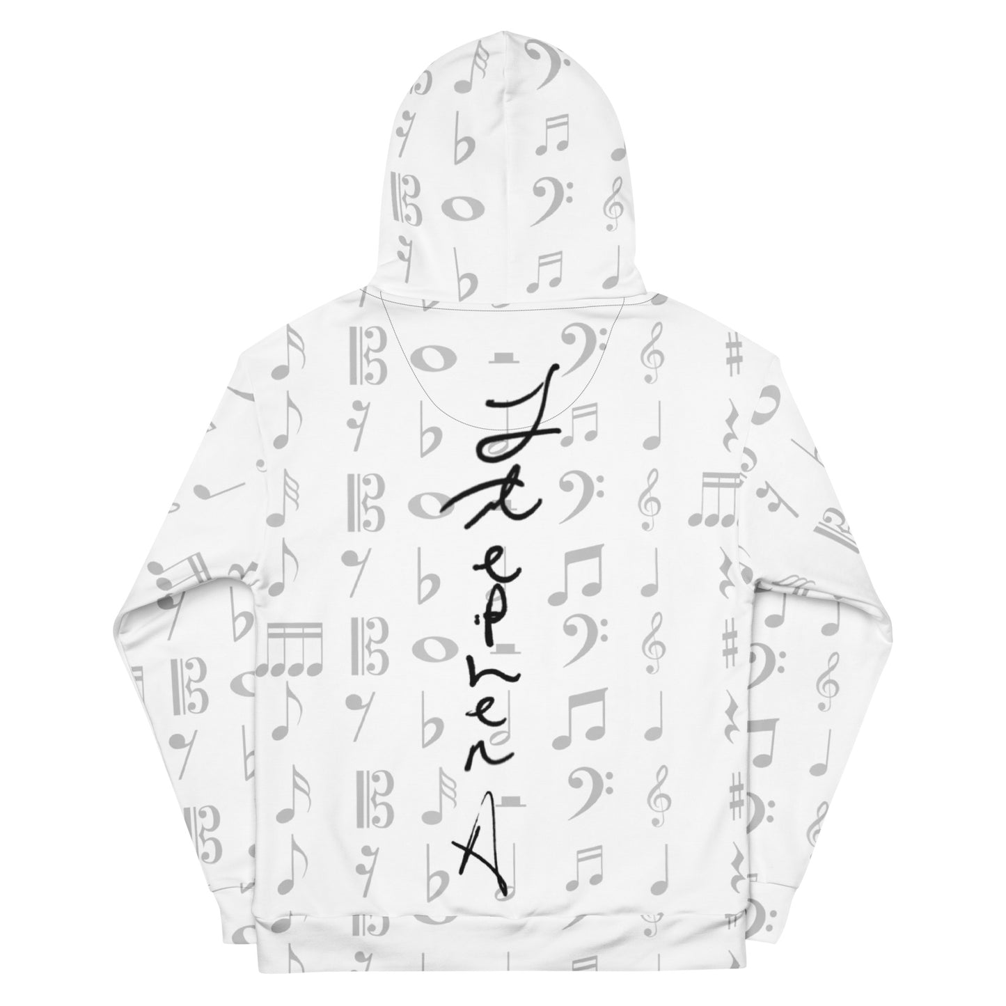 White hoodie with black text and music notes on a white background Stephen Allen Music