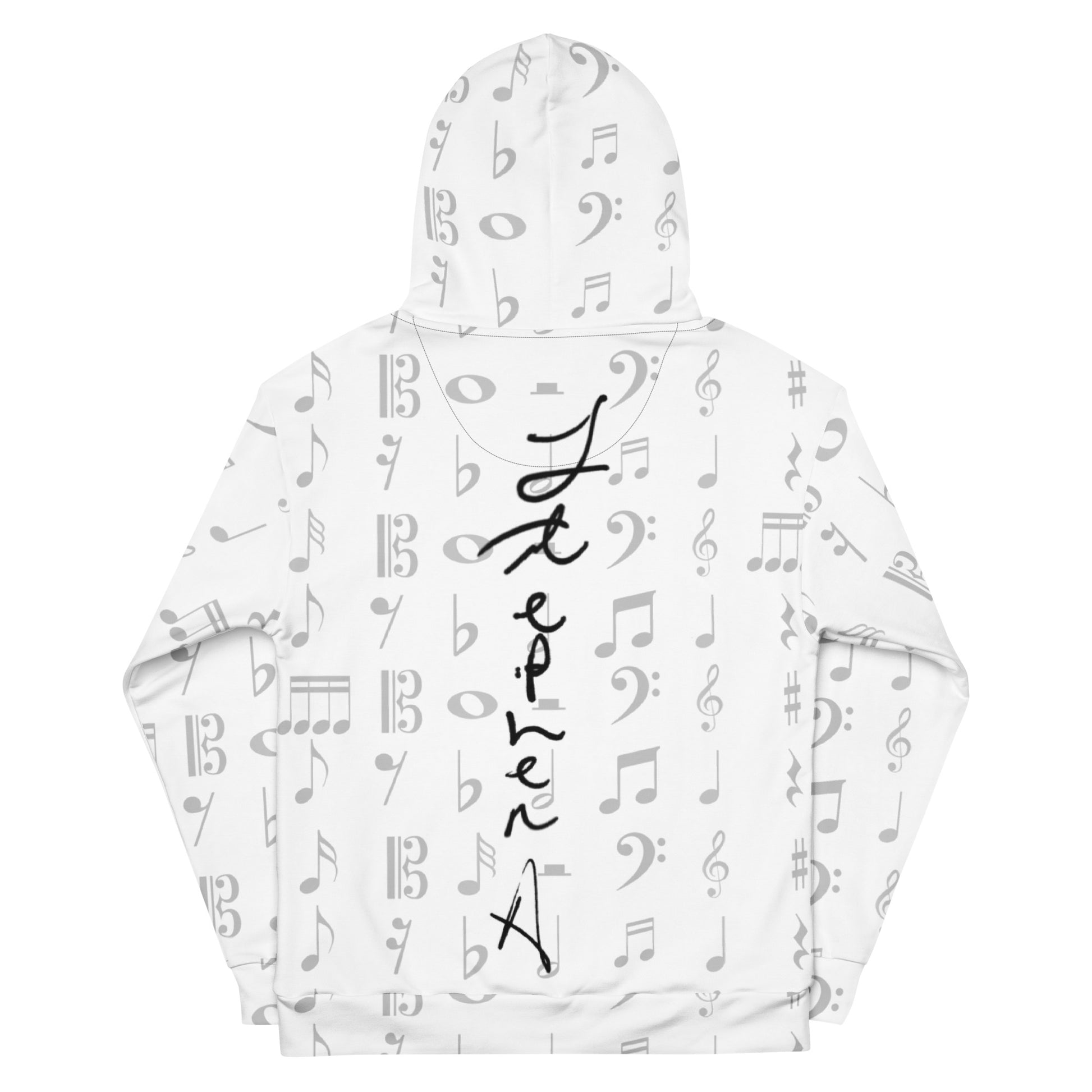 White hoodie with black text and music notes on a white background Stephen Allen Music
