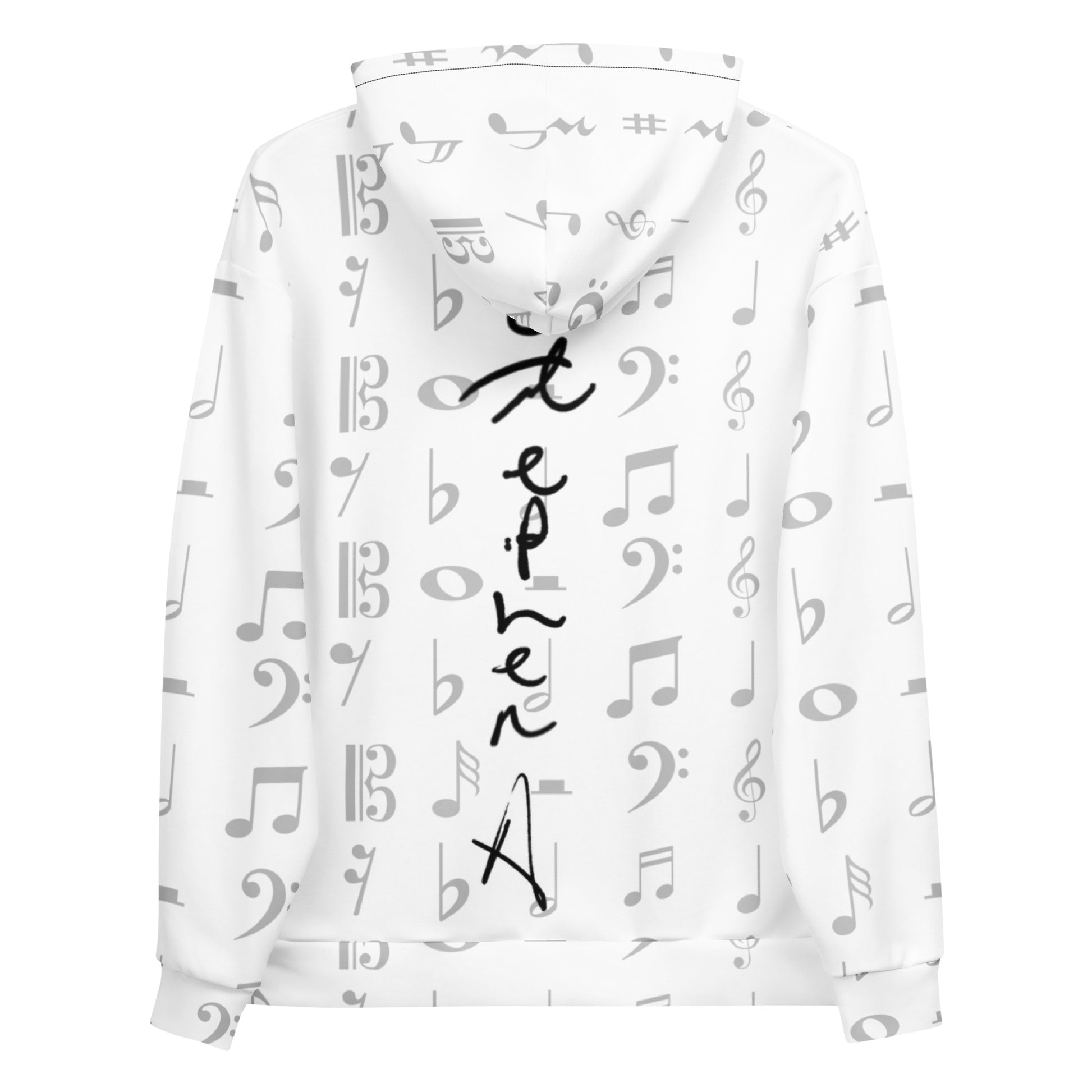 White hoodie with black musical note pattern on a white background Stephen Allen Music