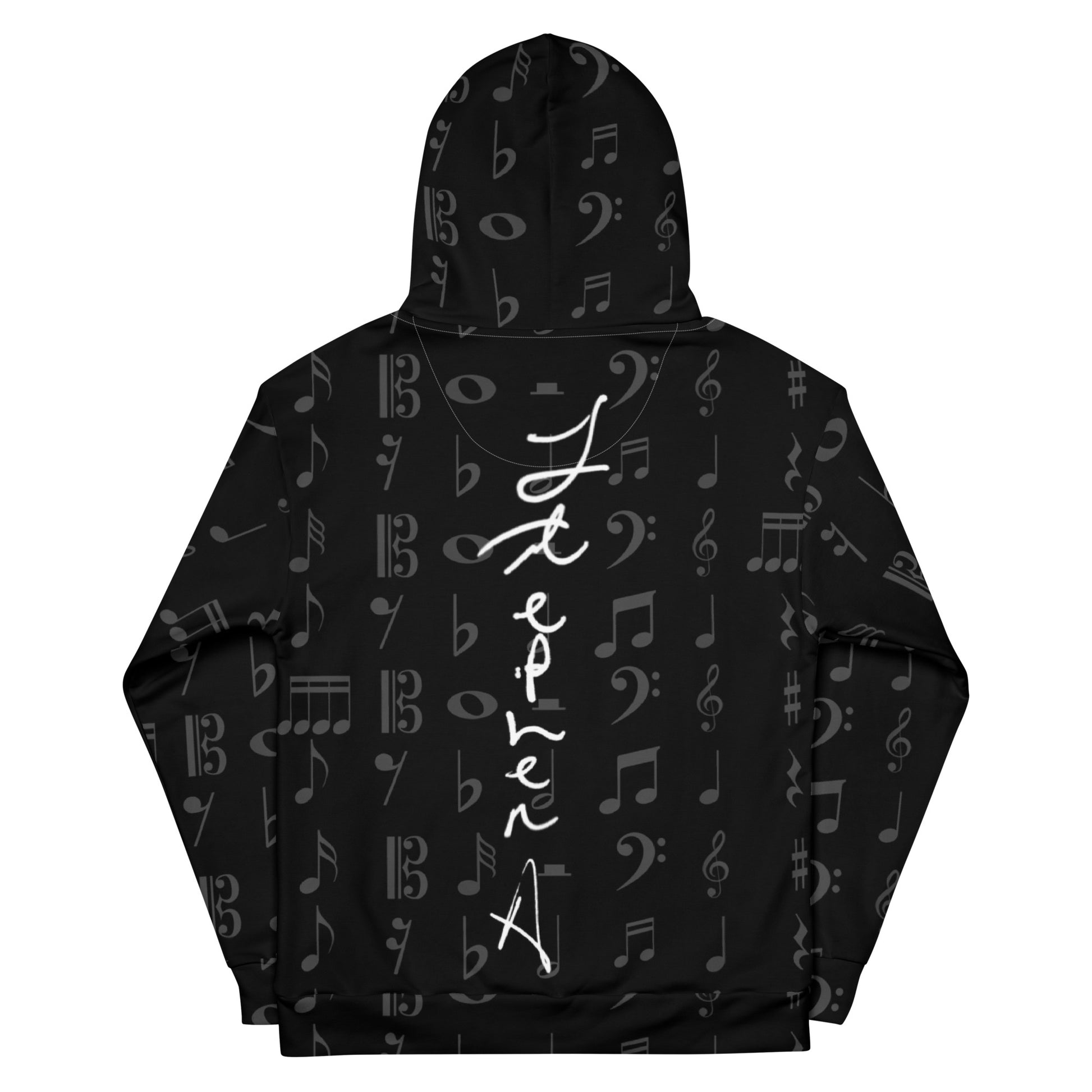 Black hoodie with musical note pattern and white text on a white background Stephen Allen Music
