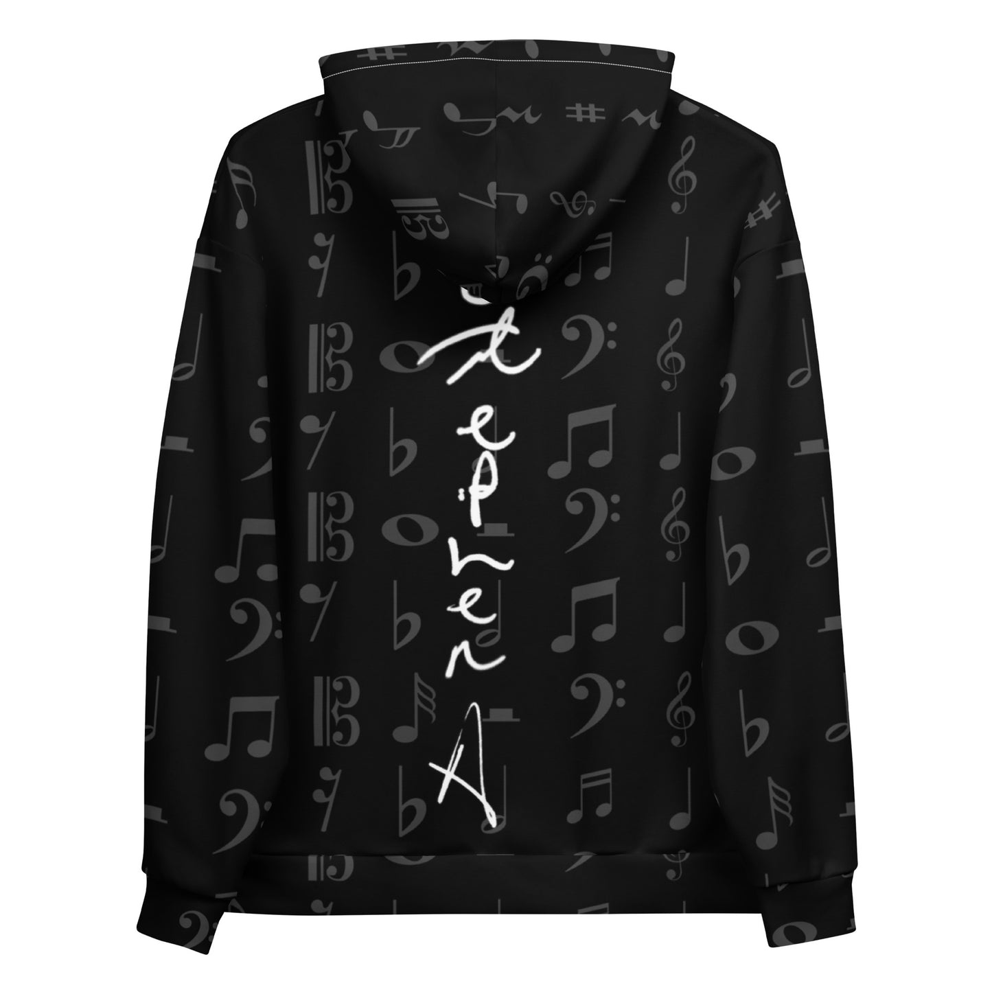 Black hoodie with music note pattern on a white background Stephen Allen Music