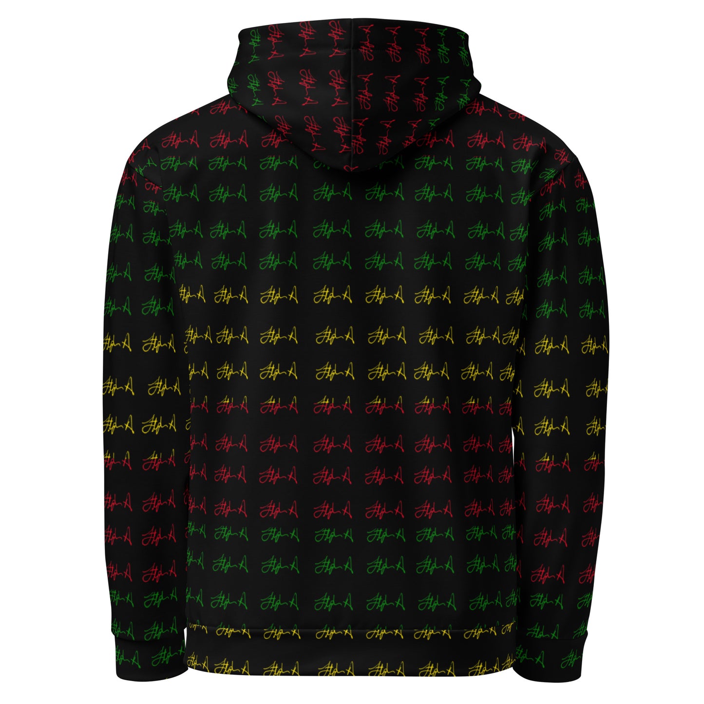 A black pullover hoodie featuring an all-over repeating pattern of stylized script text in green, red, and yellow, shown on a plain white background.