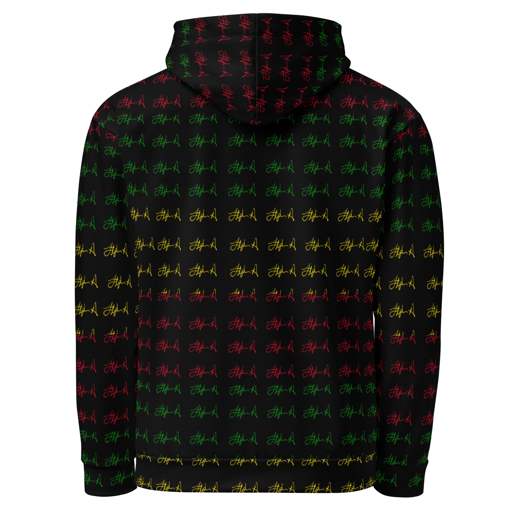 A black pullover hoodie featuring an all-over repeating pattern of stylized script text in green, red, and yellow, shown on a plain white background.