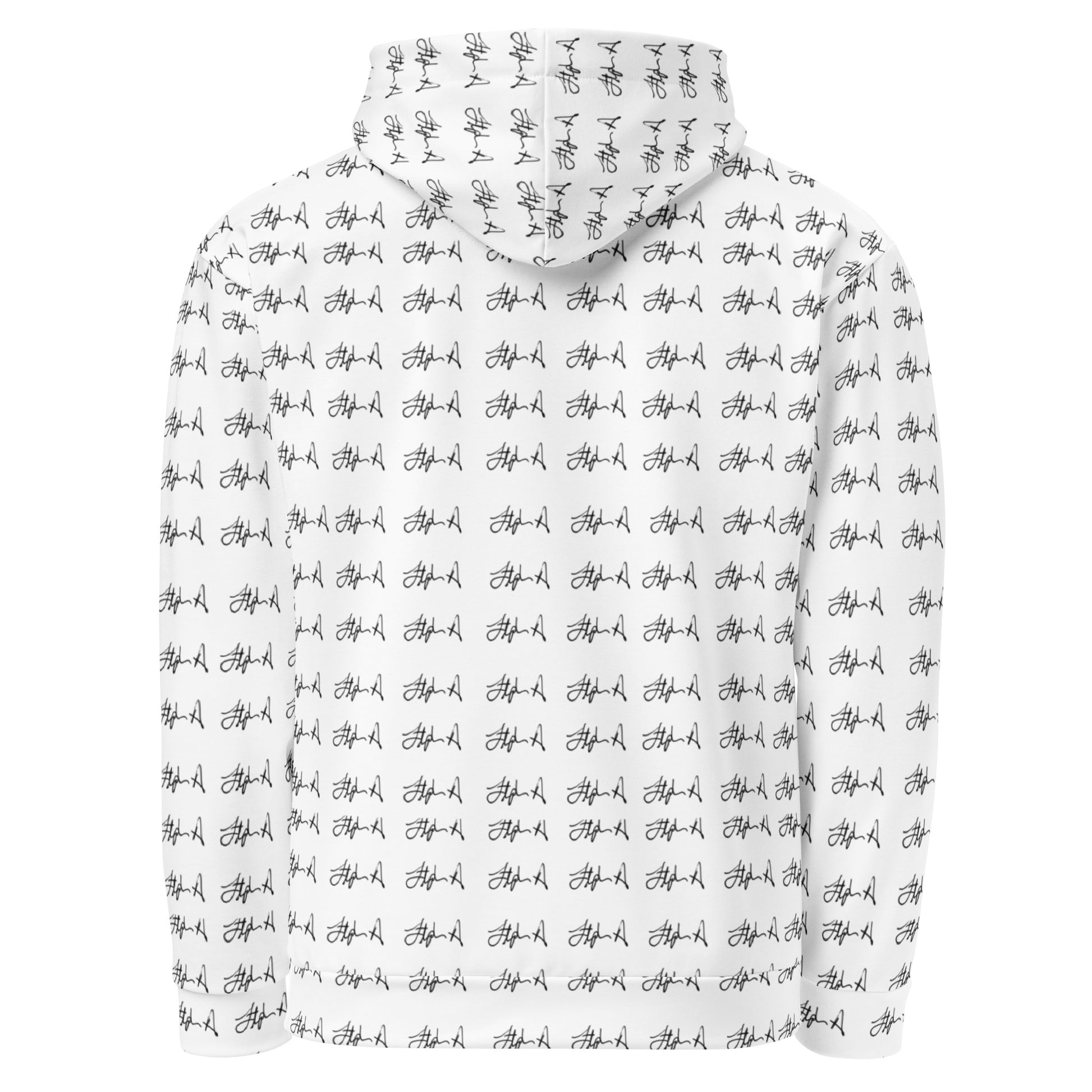 A white long-sleeve hoodie with an all-over black script pattern, shown against a plain white background.