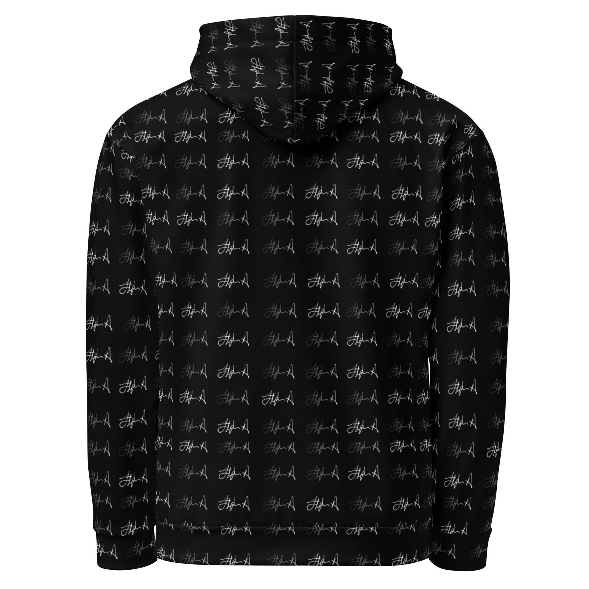 Black hoodie with a white logo on a white background