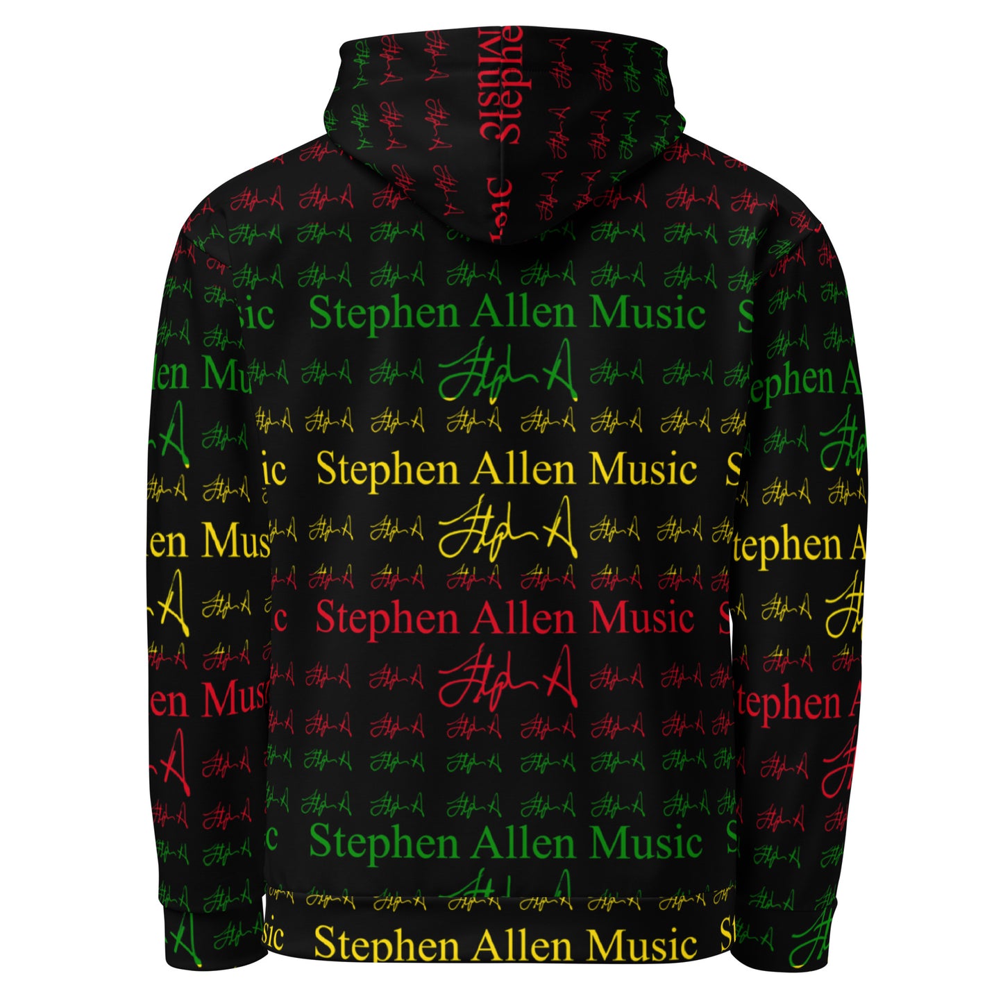A black pullover hoodie featuring an all-over repeating pattern of 'Stephen Allen Music' text in red, green, and yellow, interspersed with stylized signatures. The hoodie is shown against a plain white background.