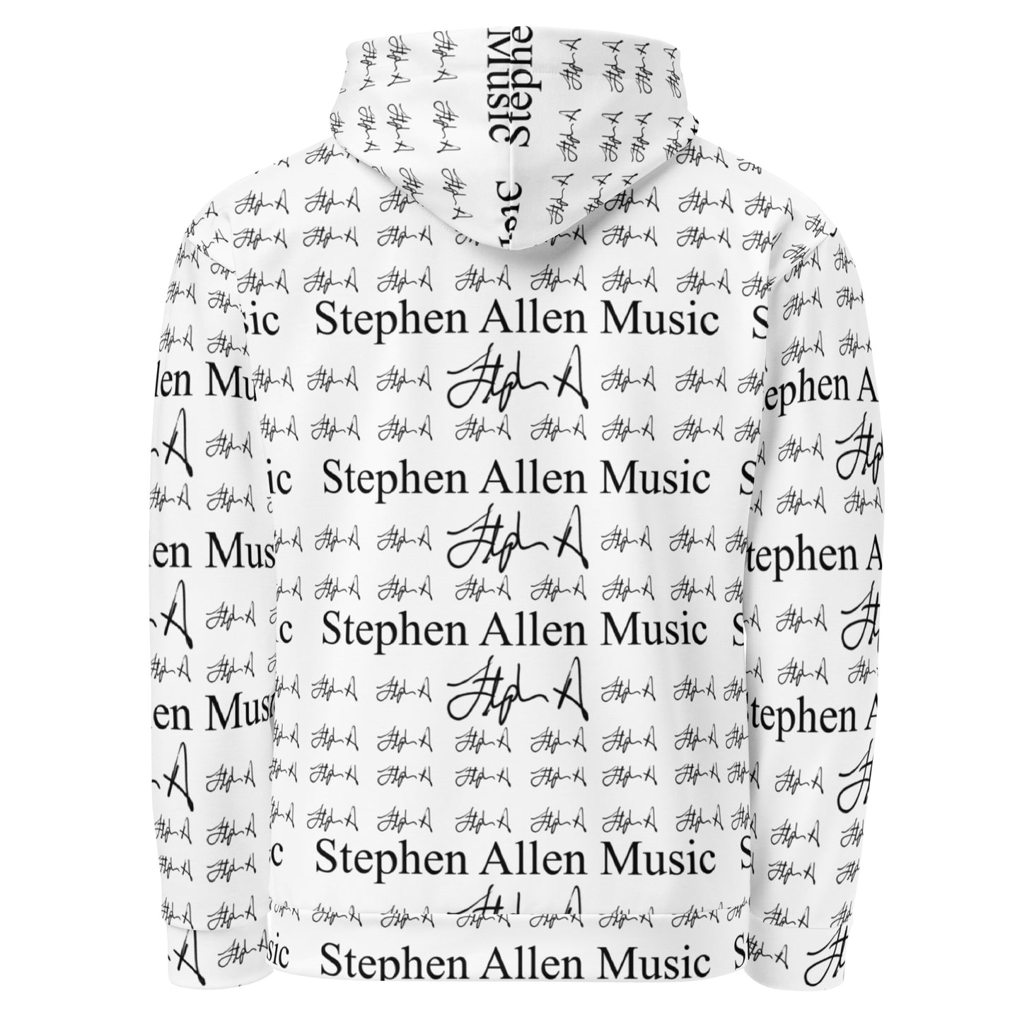 A white pullover hoodie featuring an all-over white repeating print of 'Stephen Allen Music' text and signatures, shown against a plain white background.