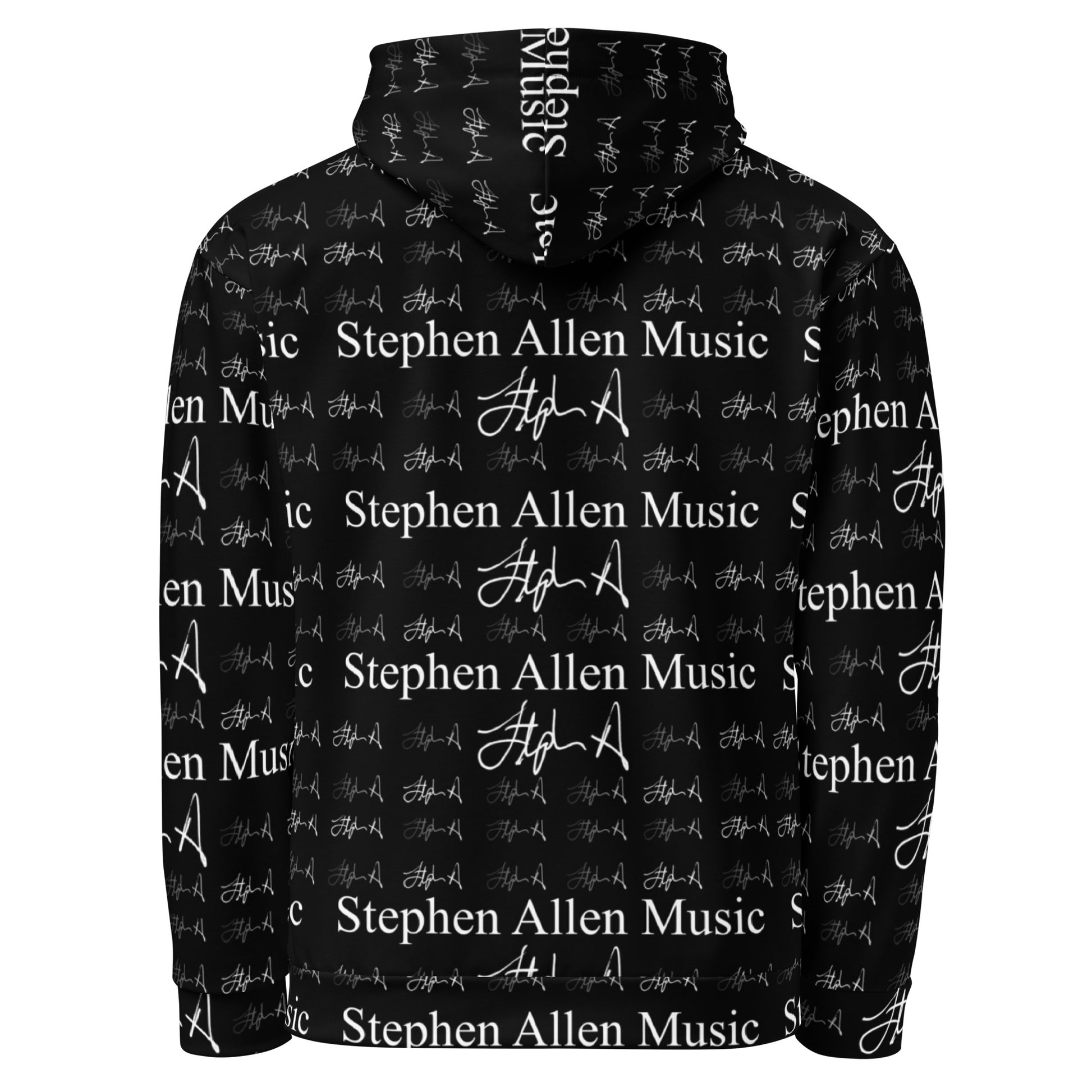 A black pullover hoodie featuring an all-over white repeating print of 'Stephen Allen Music' text and musical signature graphics, shown on a plain white background.
