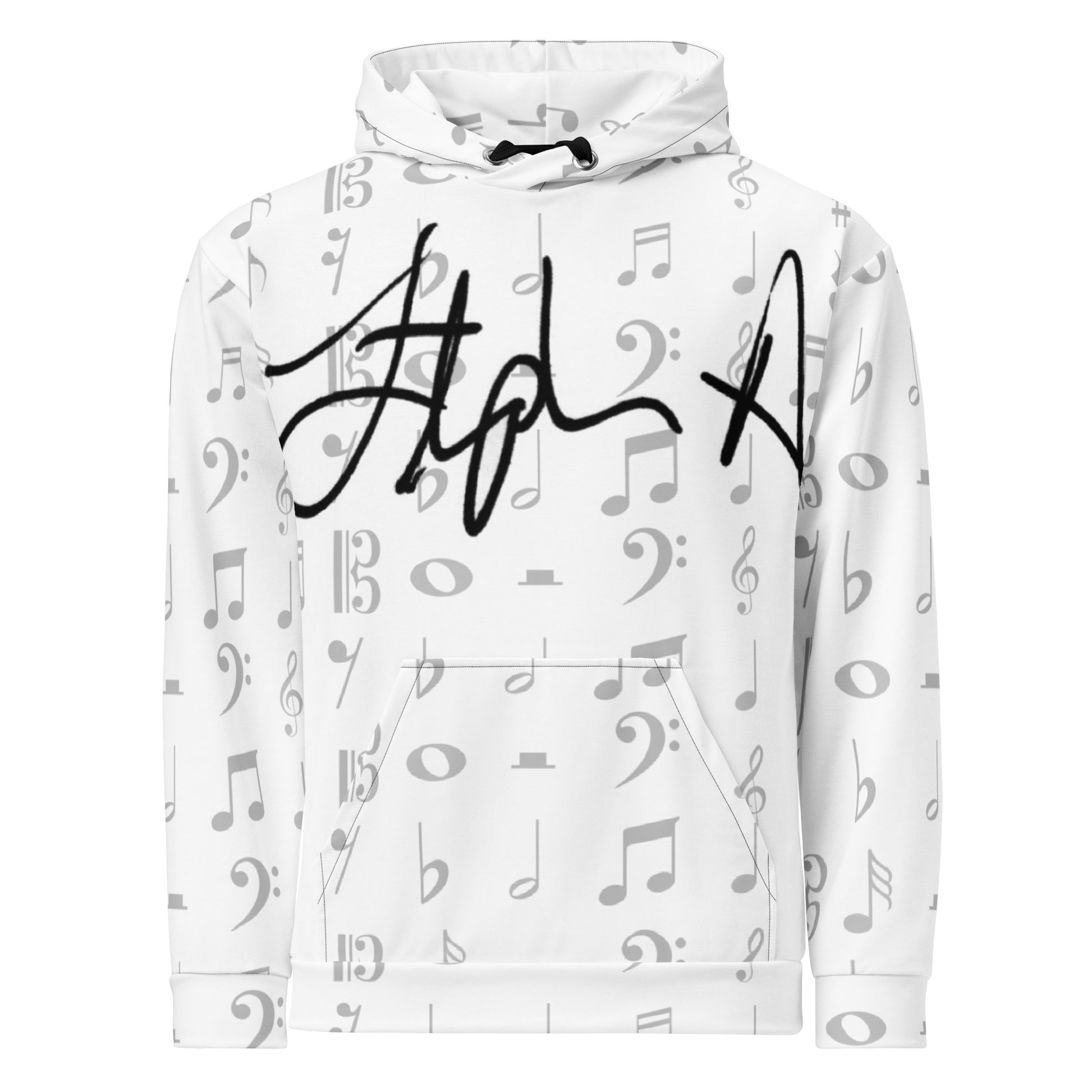 White hoodie with musical note pattern and black signature on a white background Stephen Allen Music