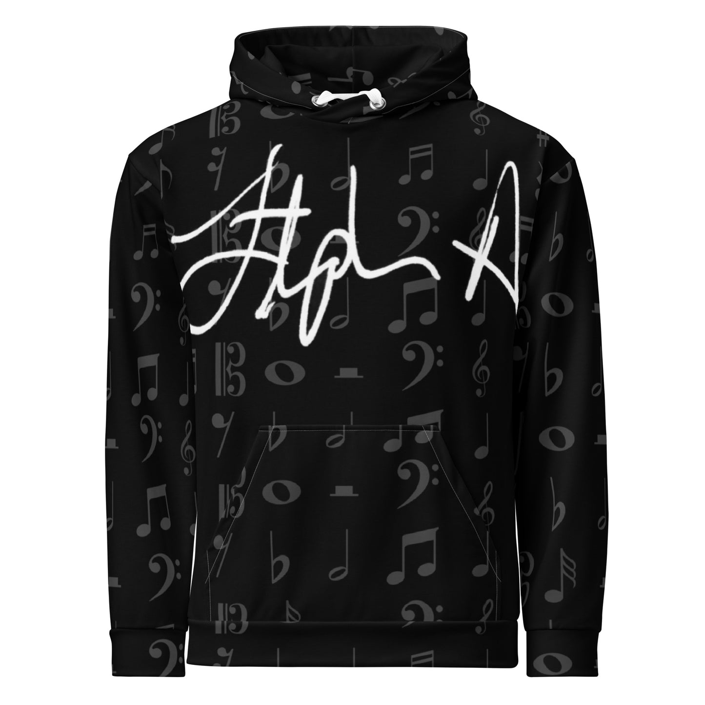Black hoodie with music note pattern and white text on a white background Stephen Allen Music