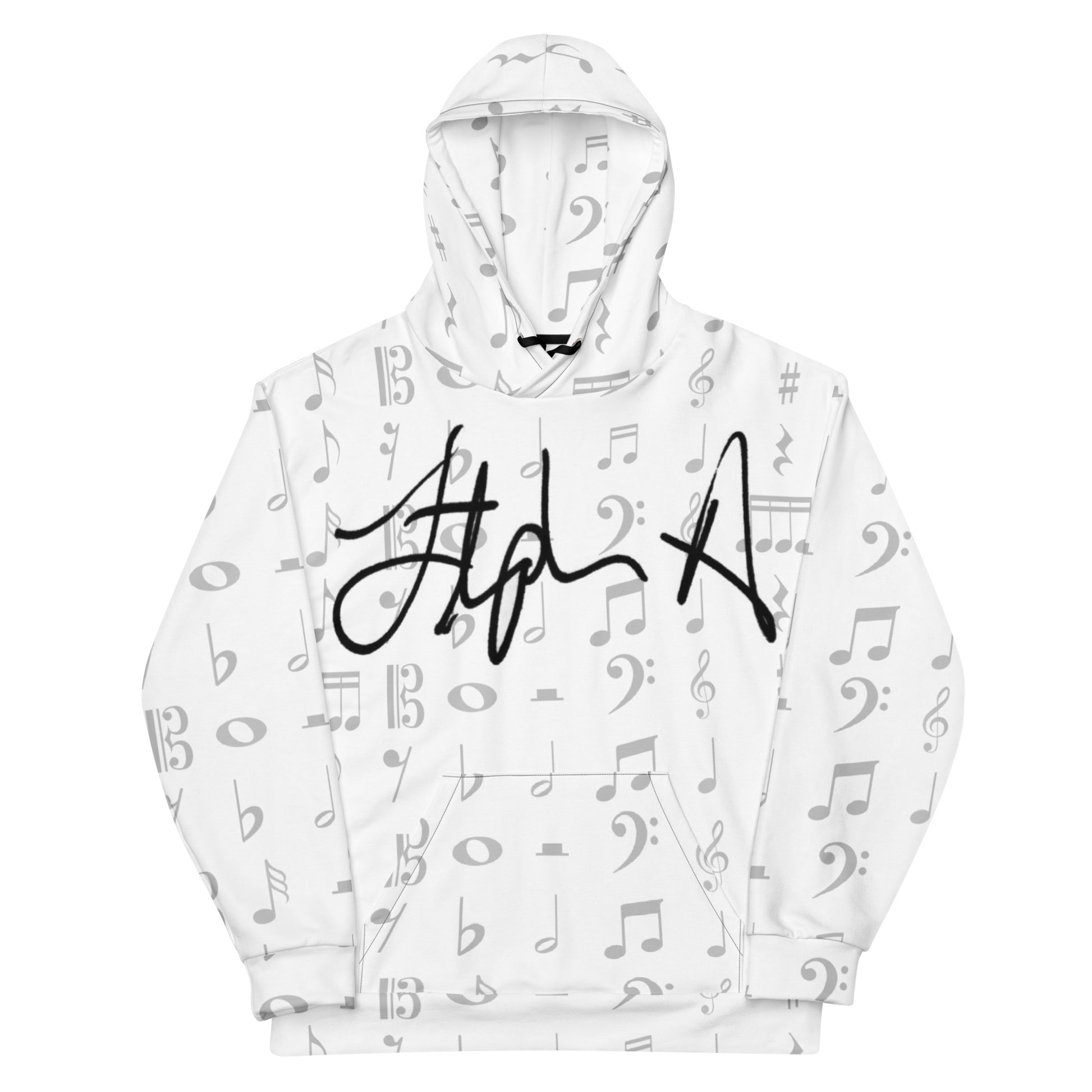 White hoodie with music note pattern and black signature on a white background Stephen Allen Music