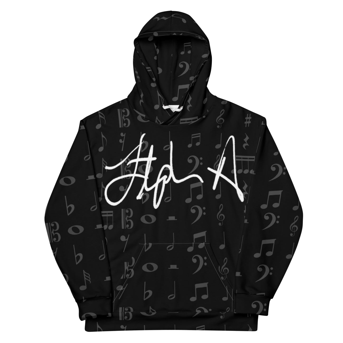 Black hoodie with music note pattern and white signature on a white background Stephen Allen Music