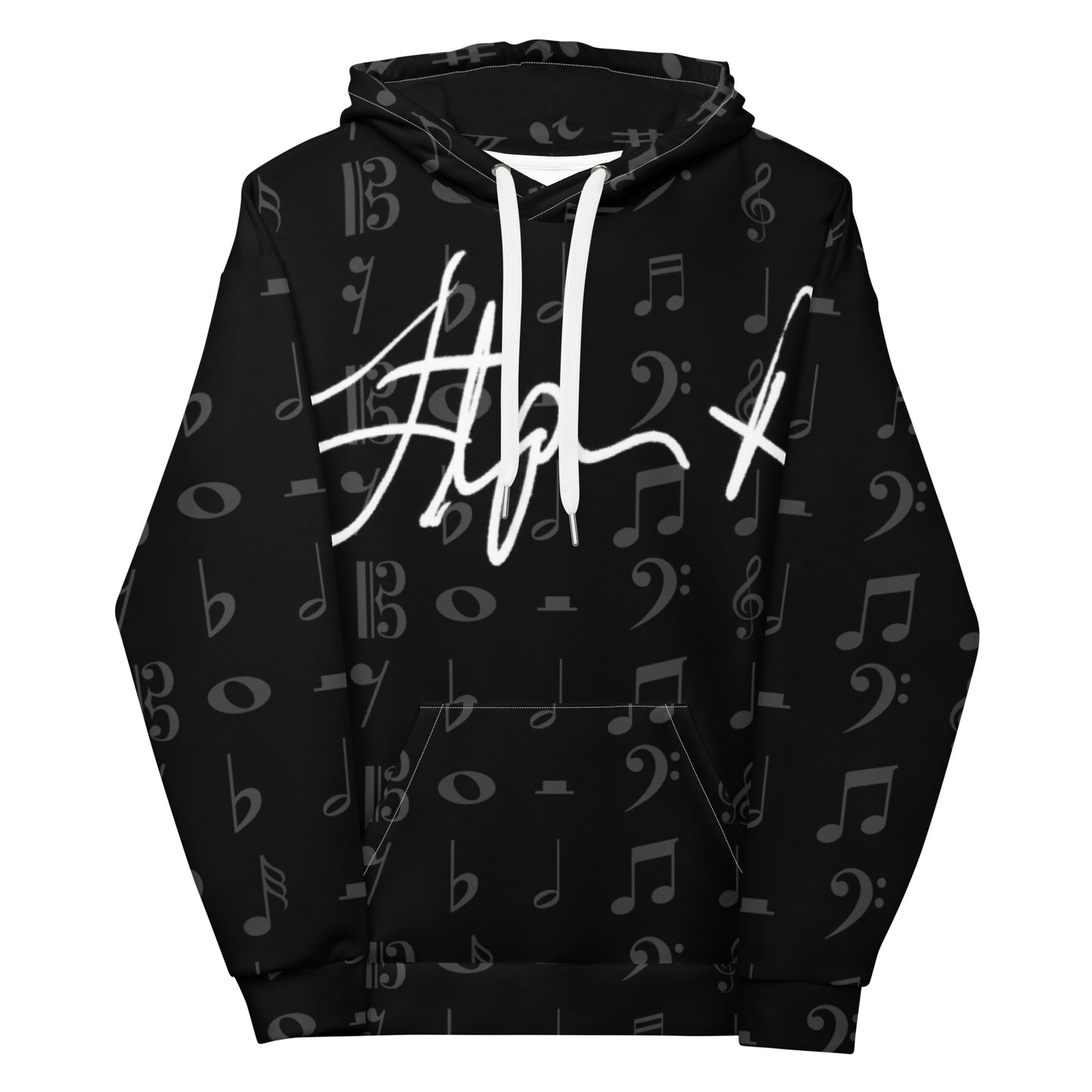 Black hoodie with music note pattern and white text on a white background Stephen Allen Music