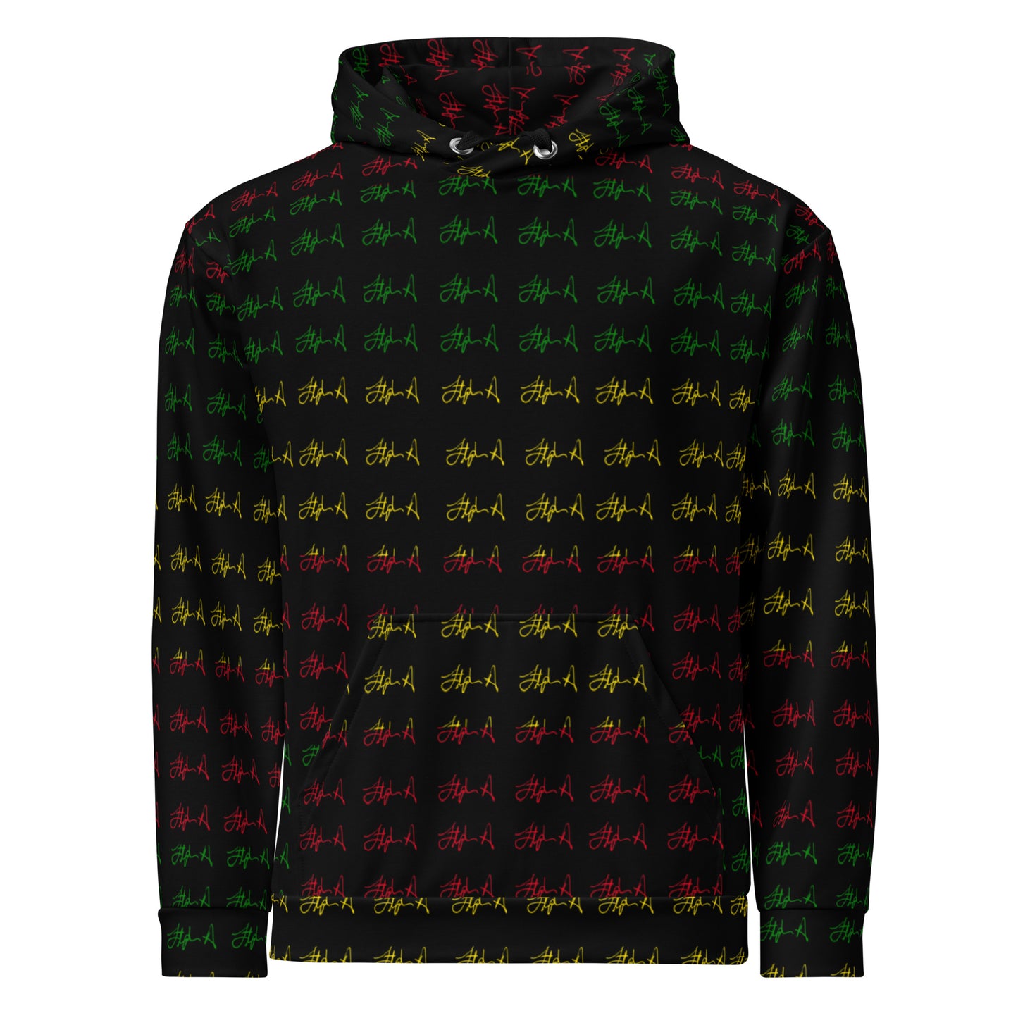 A black pullover hoodie featuring an all-over repeating pattern of stylized red and green graffiti-style letters, shown against a plain white background.