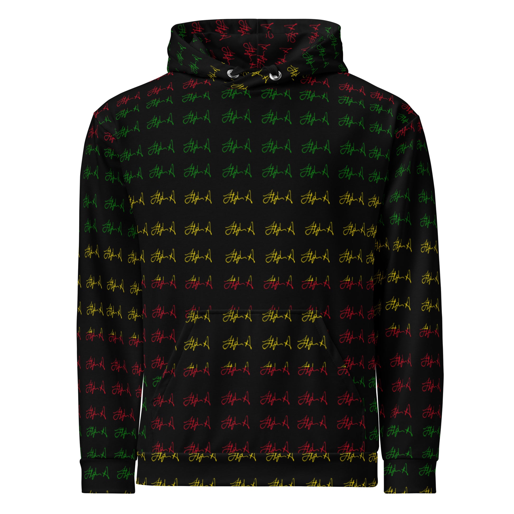 A black pullover hoodie featuring an all-over repeating pattern of stylized red and green graffiti-style letters, shown against a plain white background.