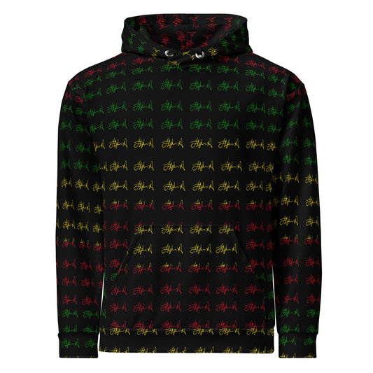 A black pullover hoodie featuring an all-over repeating pattern of stylized red and green graffiti-style letters, shown against a plain white background.