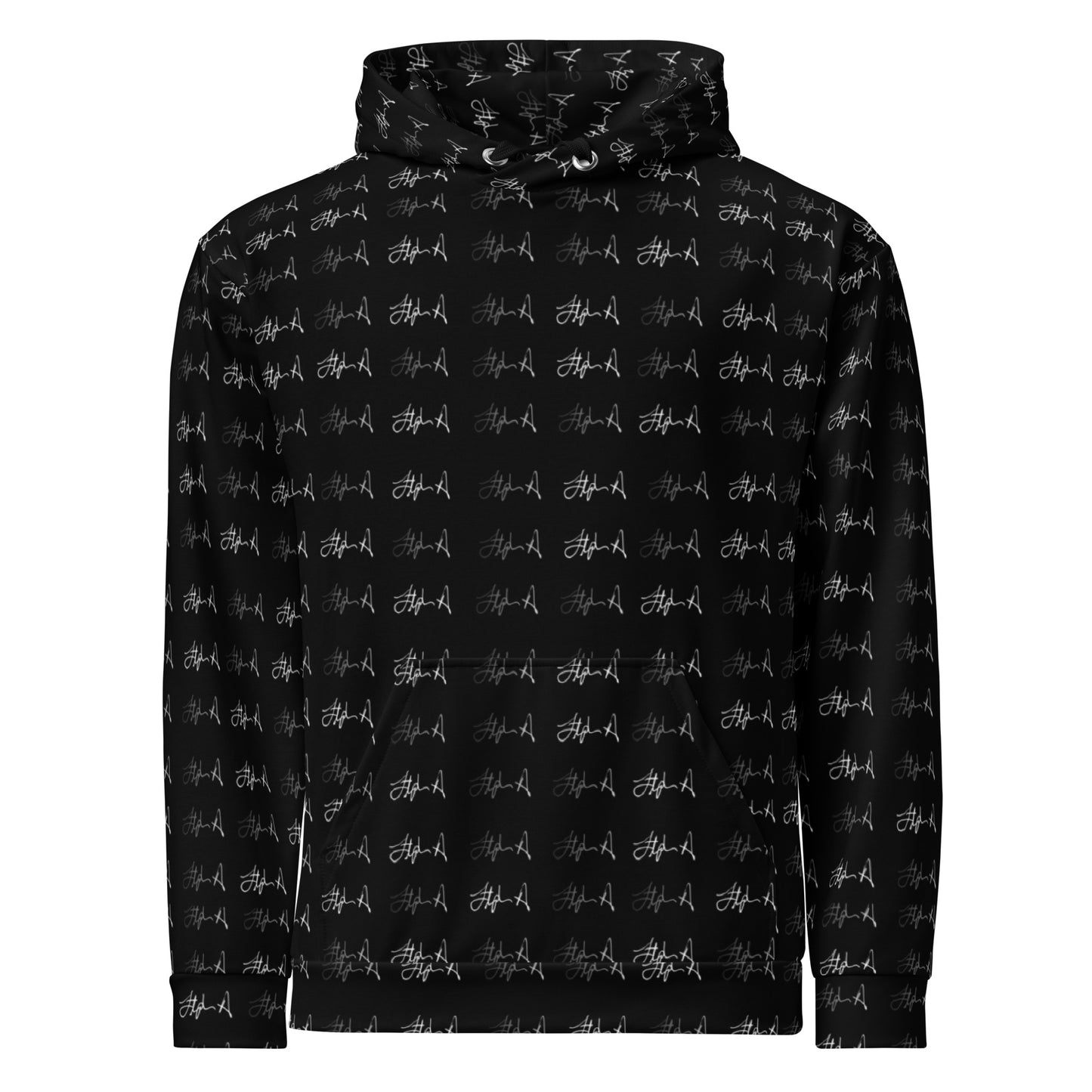 Black hoodie with a white logo on a white background