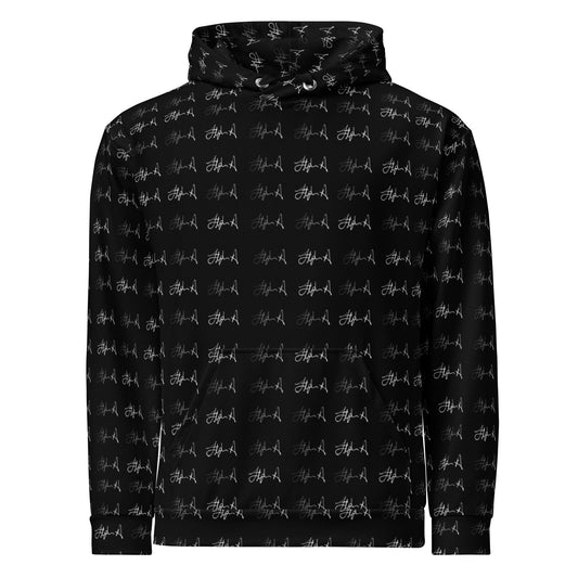 Black hoodie with a white logo on a white background
