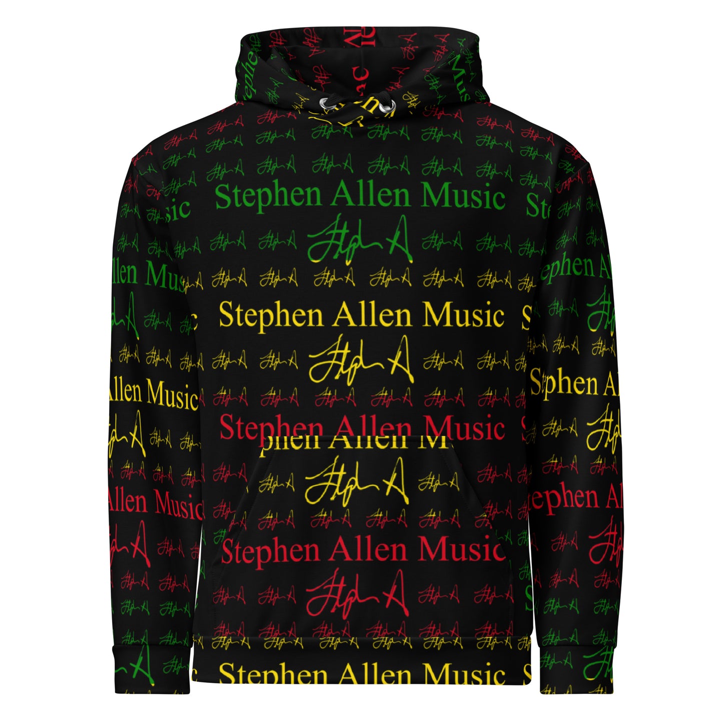 A black pullover hoodie featuring an all-over repeating pattern of 'Stephen Allen Music' text in red and green, interspersed with yellow and green signature graphics, shown on a plain white background.