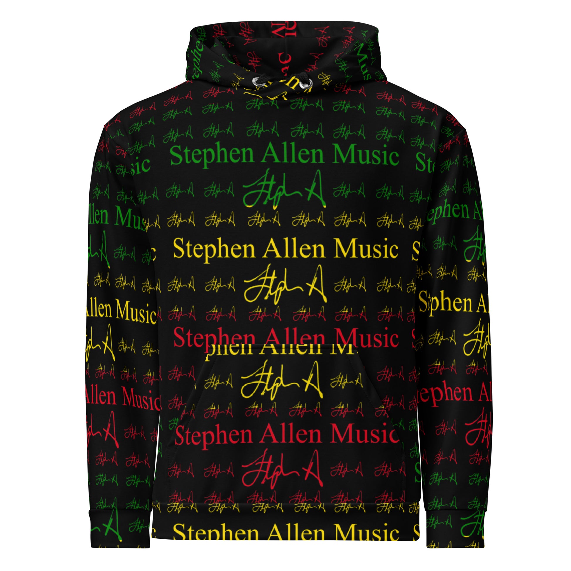 A black pullover hoodie featuring an all-over repeating pattern of 'Stephen Allen Music' text in red and green, interspersed with yellow and green signature graphics, shown on a plain white background.
