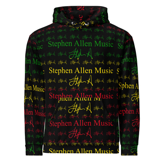 A black pullover hoodie featuring an all-over repeating pattern of 'Stephen Allen Music' text in red and green, interspersed with yellow and green signature graphics, shown on a plain white background.